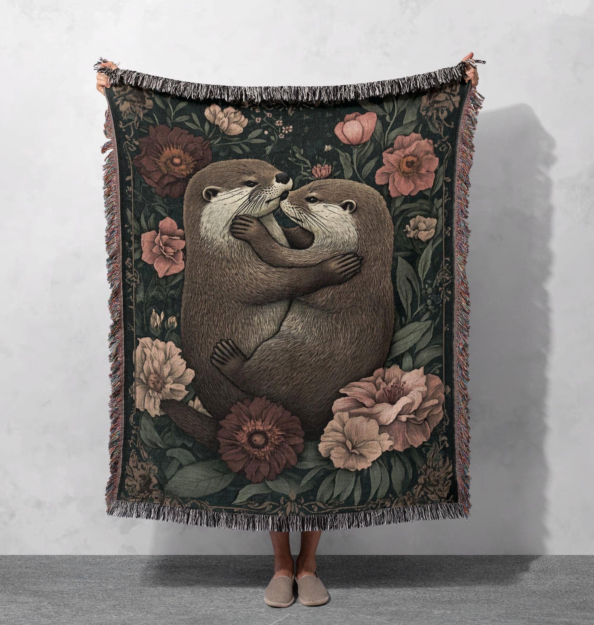 adorable otter couple woven blanket with floral design for cozy home decor and romantic gifts cottagecore tapestry