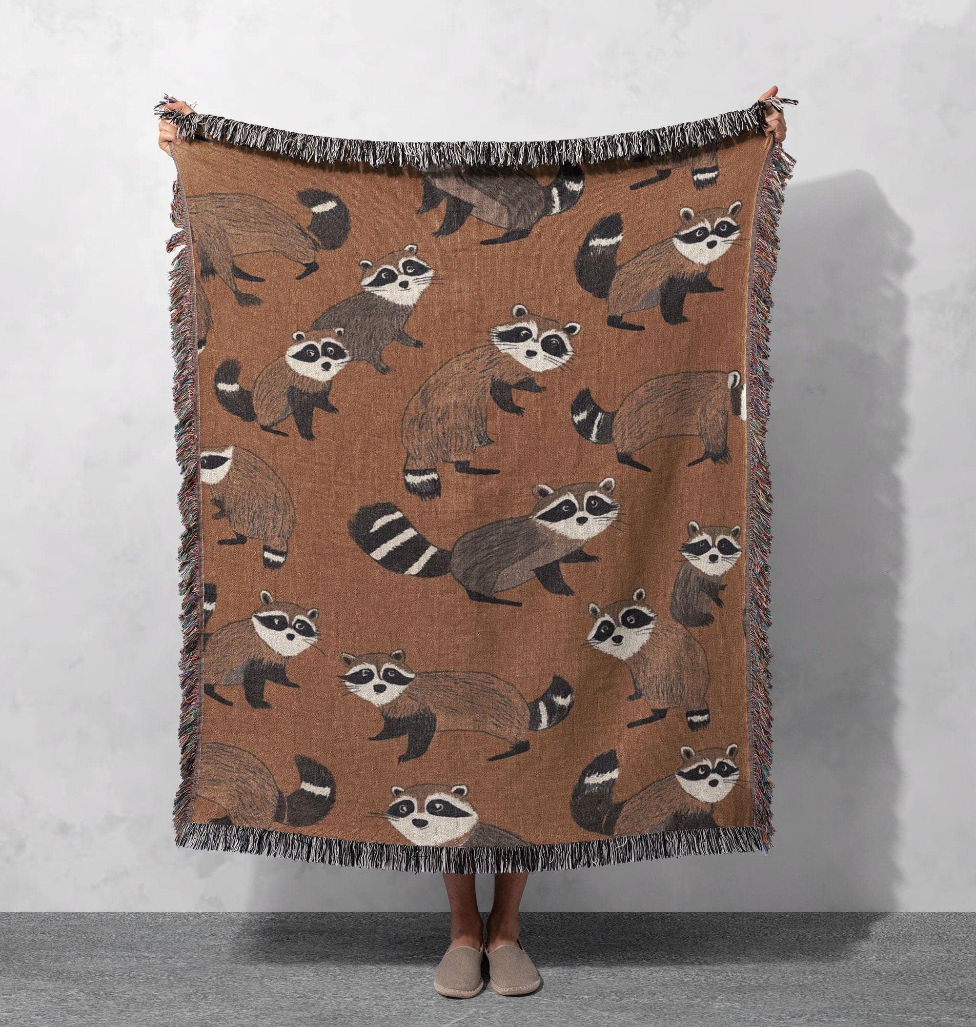 adorable raccoon pattern woven blanket with fringe cozy and whimsical animal throw cottagecore tapestry