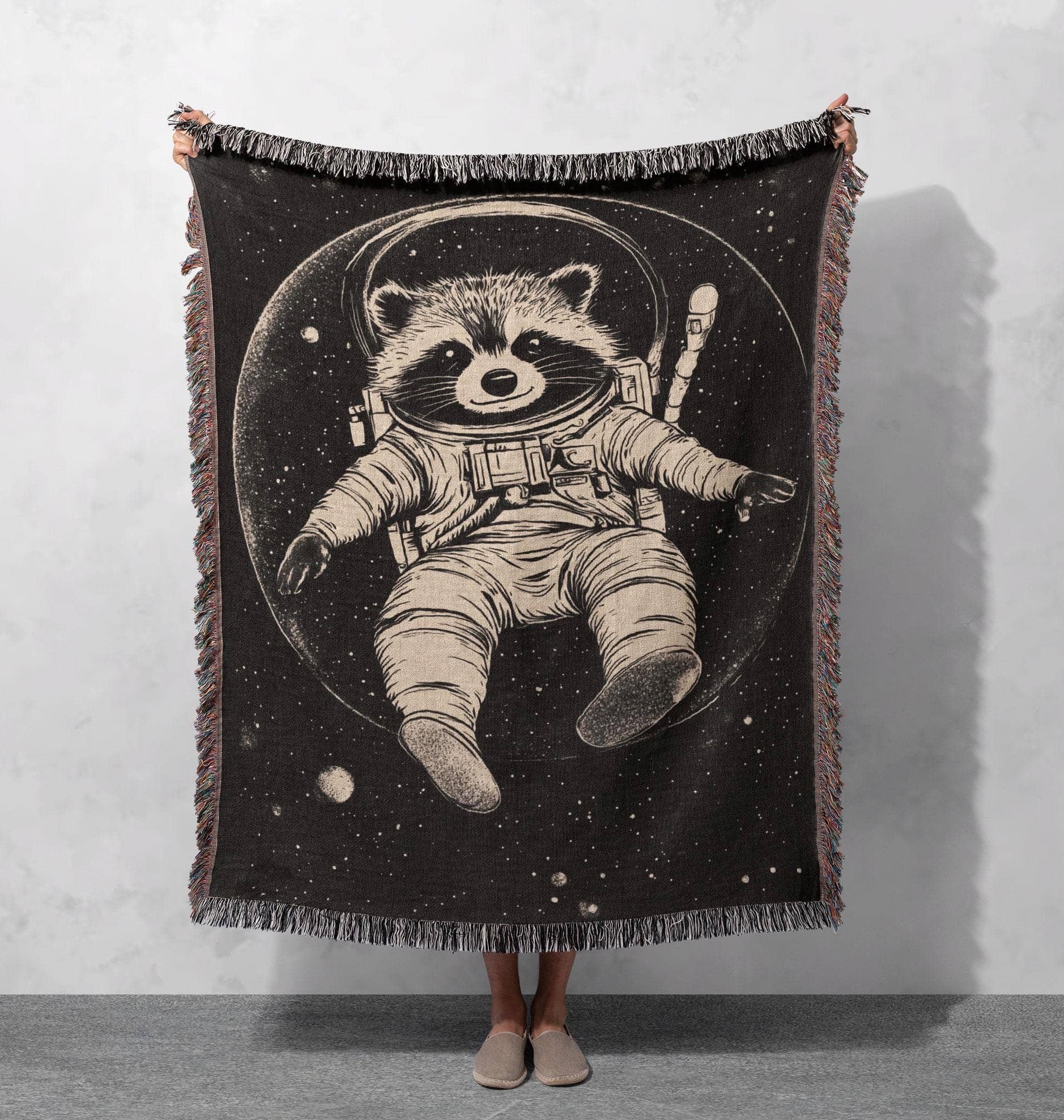 astronaut raccoon woven blanket space adventure art throw cottagecore tapestry