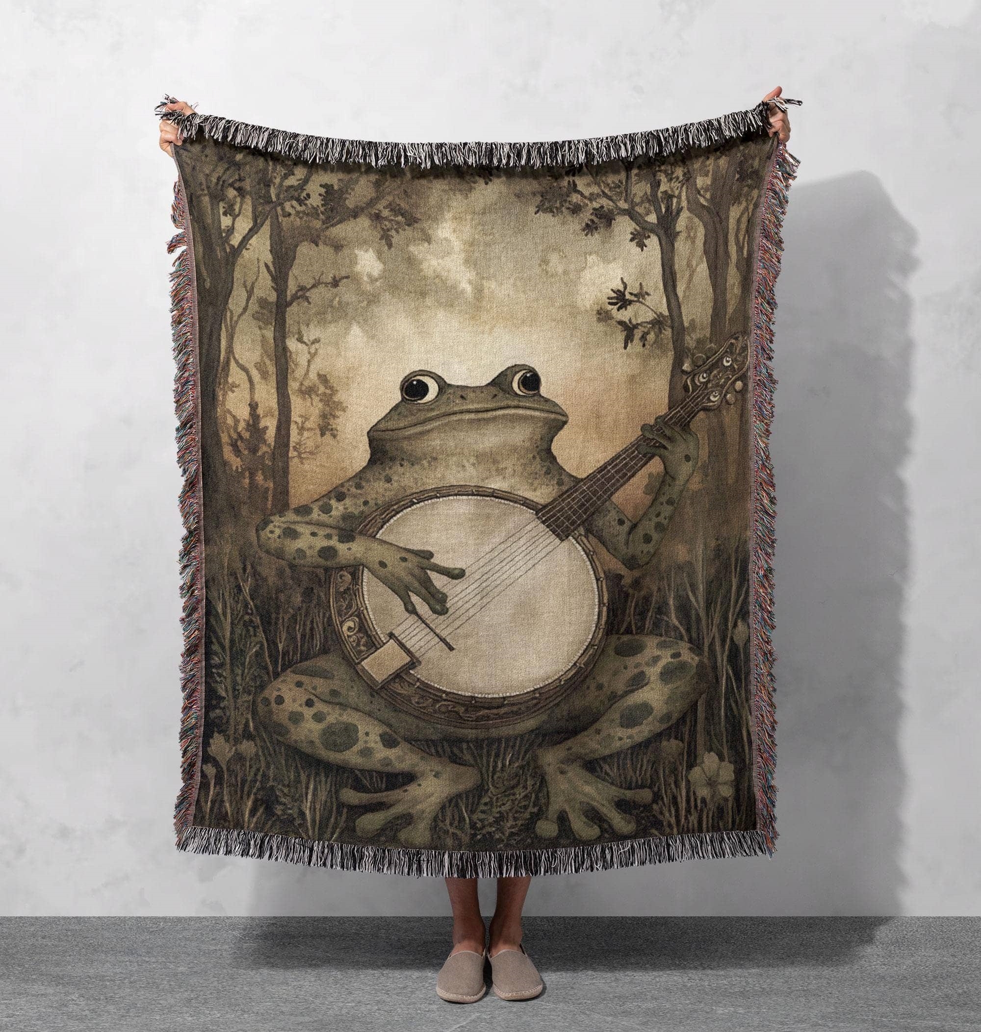 banjo frog woven blanket whimsical animal art with music loving frog for cozy and fun home decor cottagecore tapestry