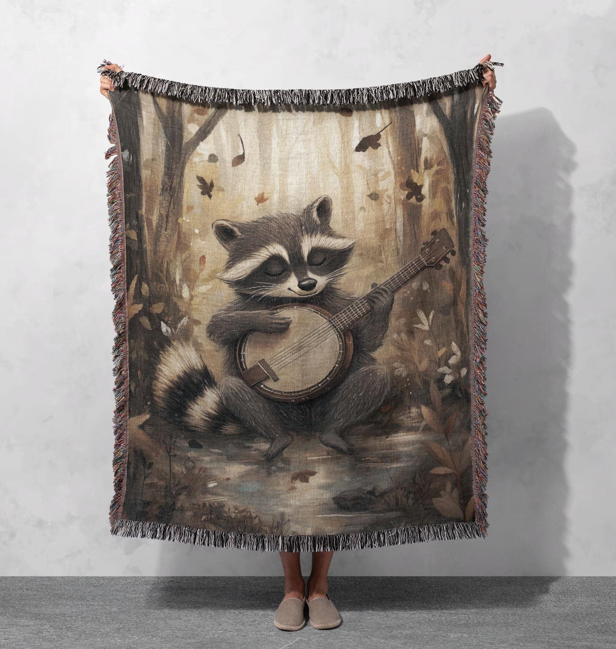 banjo raccoon woven blanket woodland music art throw cottagecore tapestry