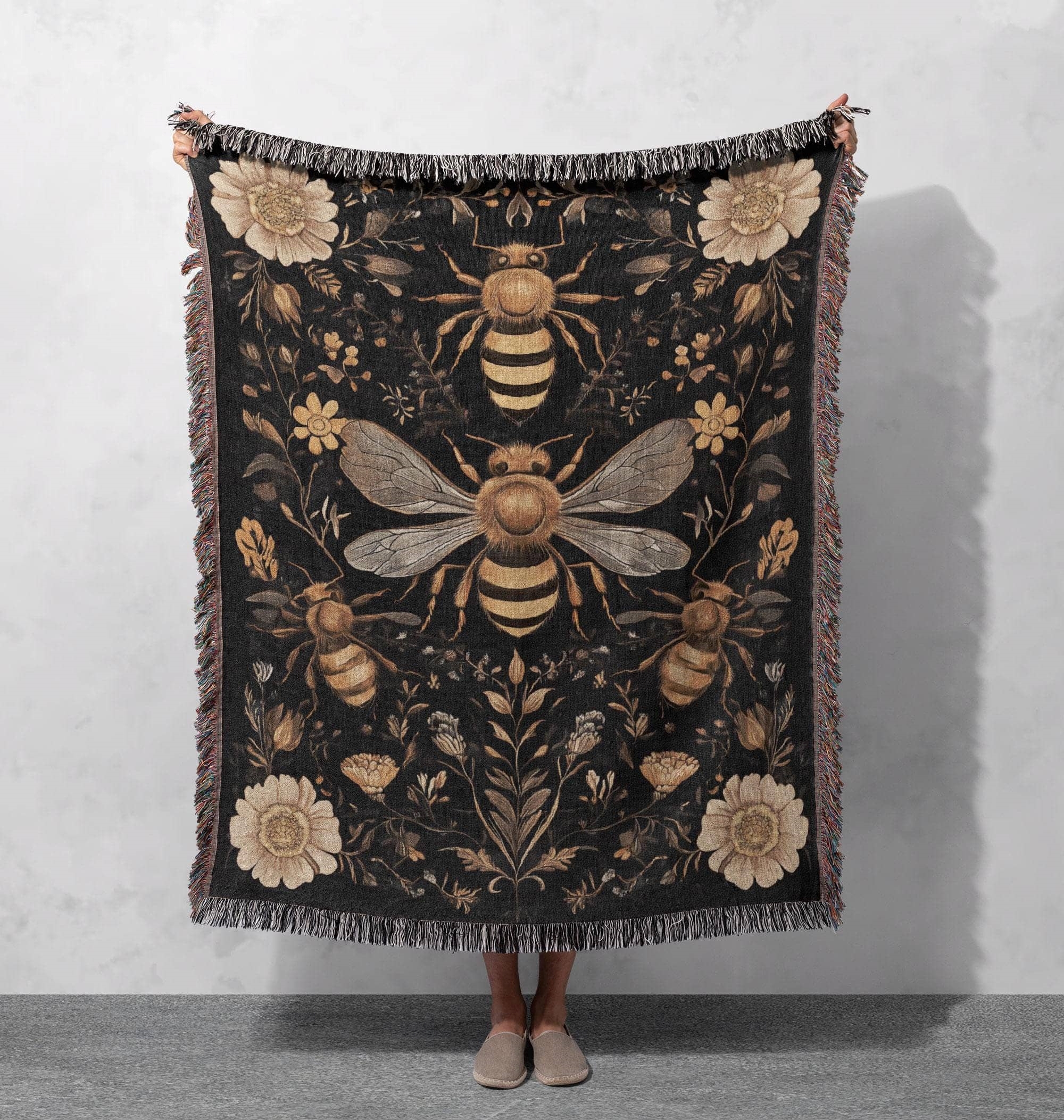 bee woven blanket vintage honeybee tapestry cozy nature throw boho insect art floral home decor cottagecore gift