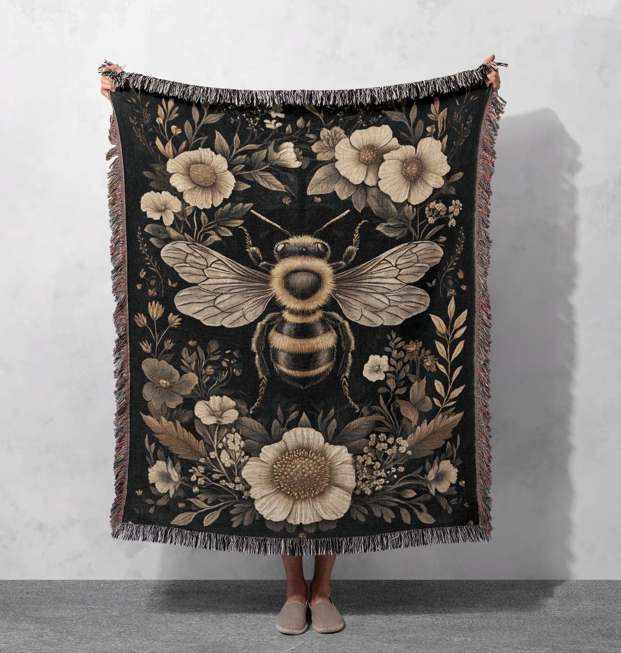 bee woven blanket vintage honeybee tapestry nature inspired decor