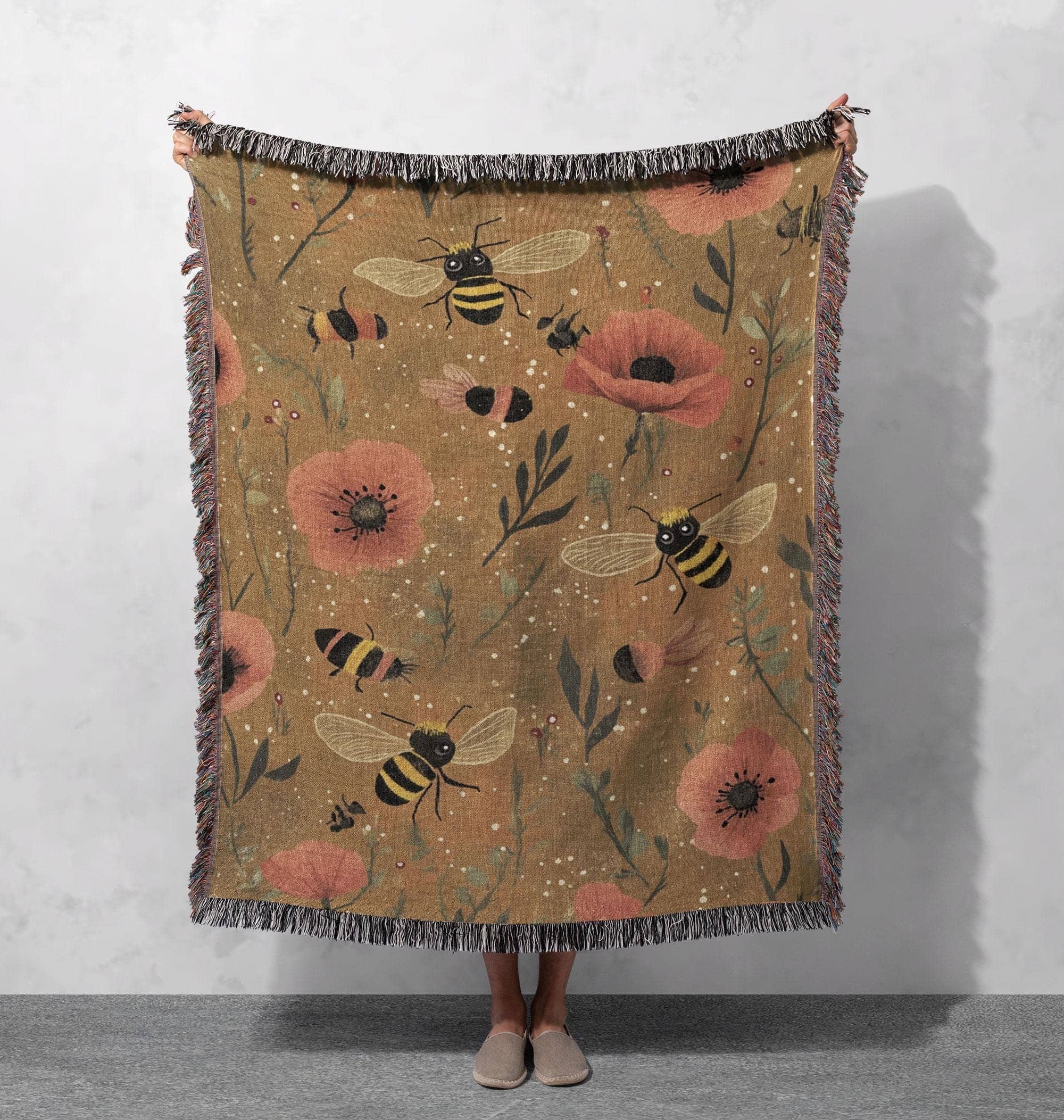 bumblebee and poppy flower woven blanket with yellow and orange design cottagecore tapestry