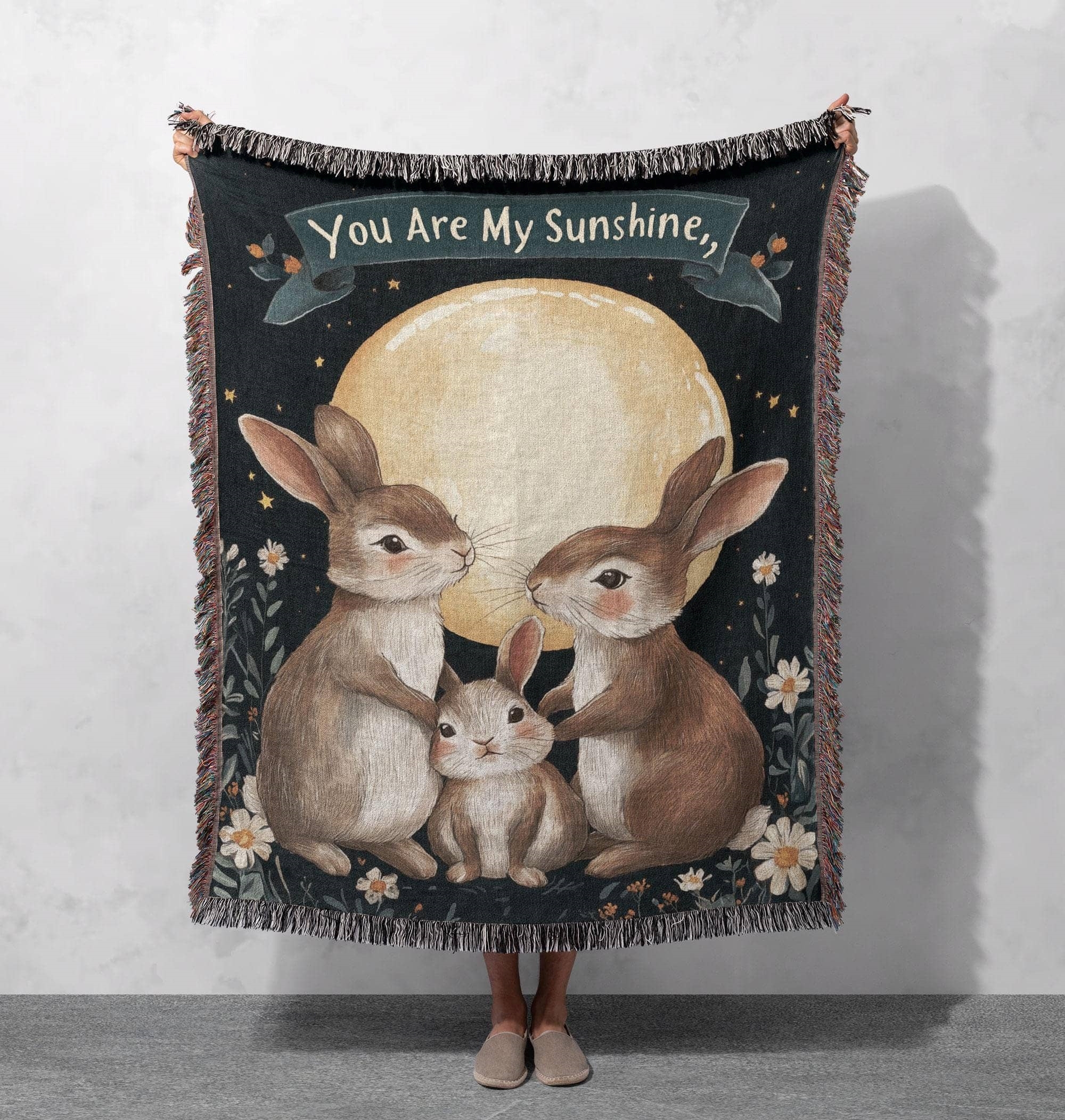 bunny family woven blanket you are my sunshine full moon and floral cozy throw cottagecore tapestry