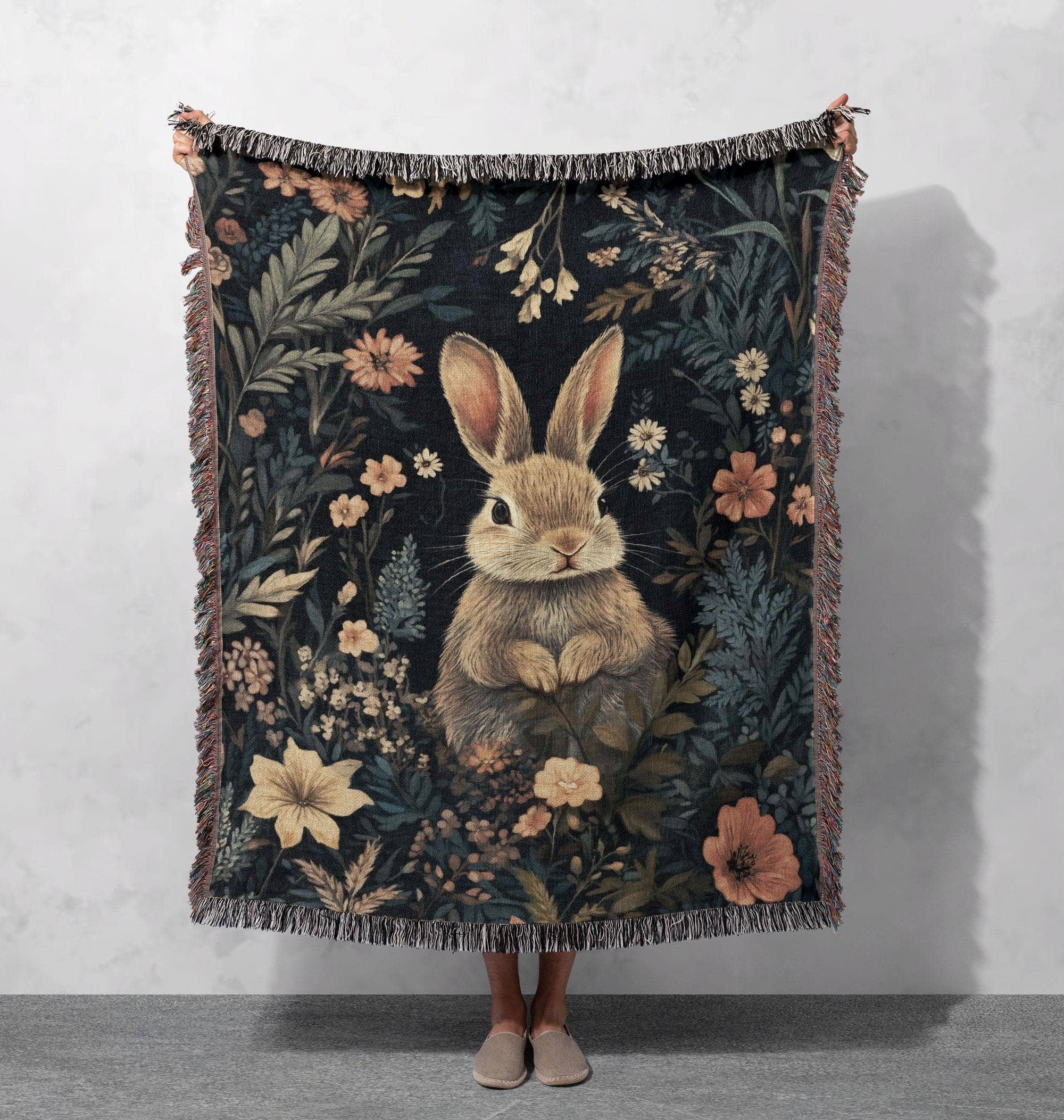 bunny in floral garden woven blanket cozy nature inspired throw for home decor cottagecore tapestry