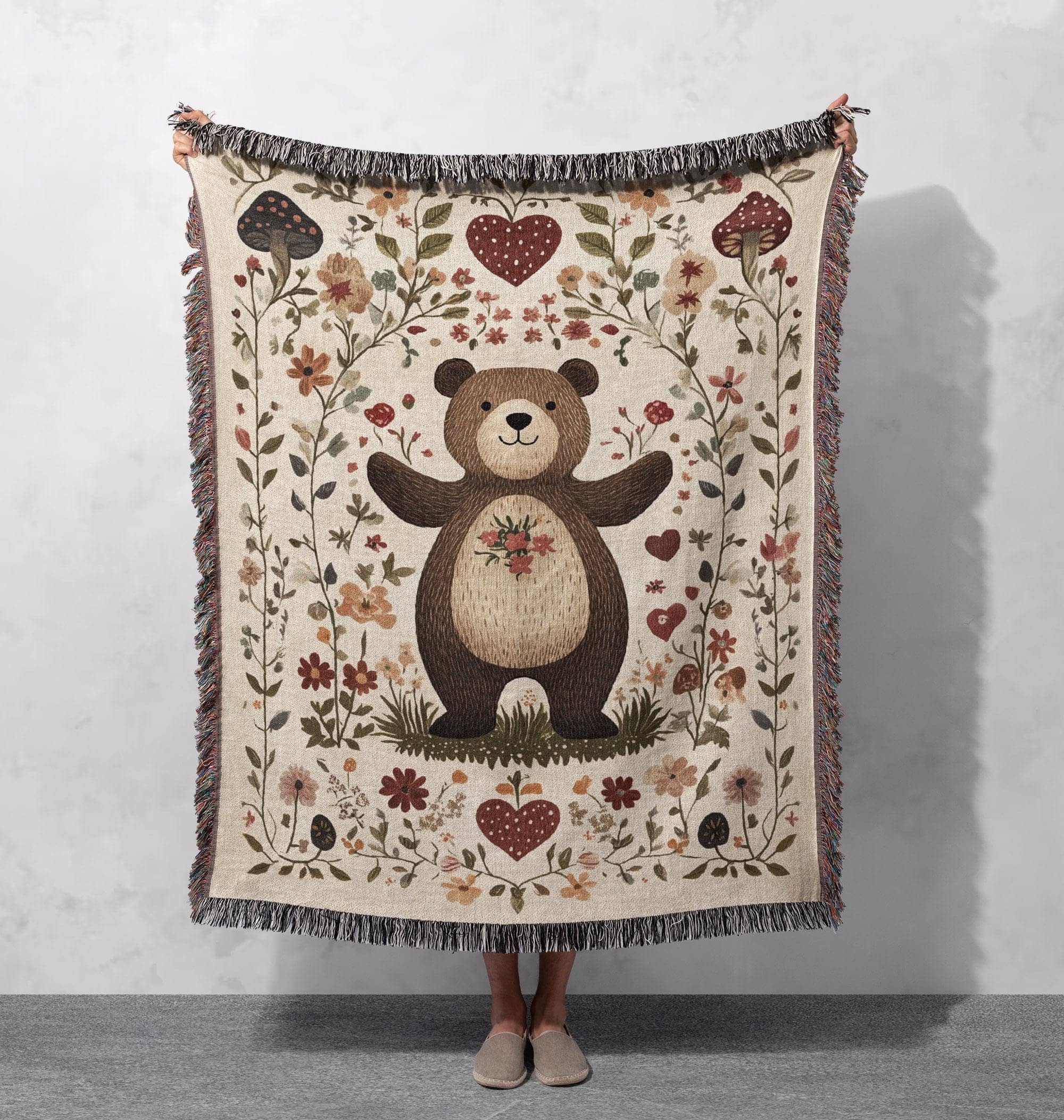 cottagecore bear woven blanket whimsical folk art tapestry cozy boho throw
