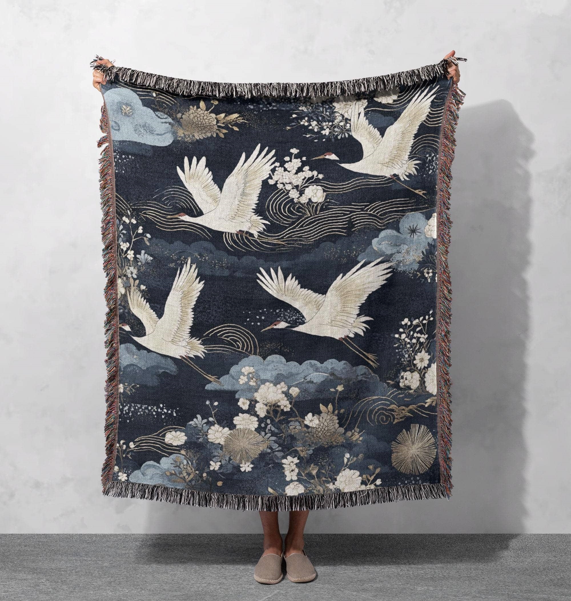crane and cloud woven blanket with floral design and blue background cottagecore tapestry