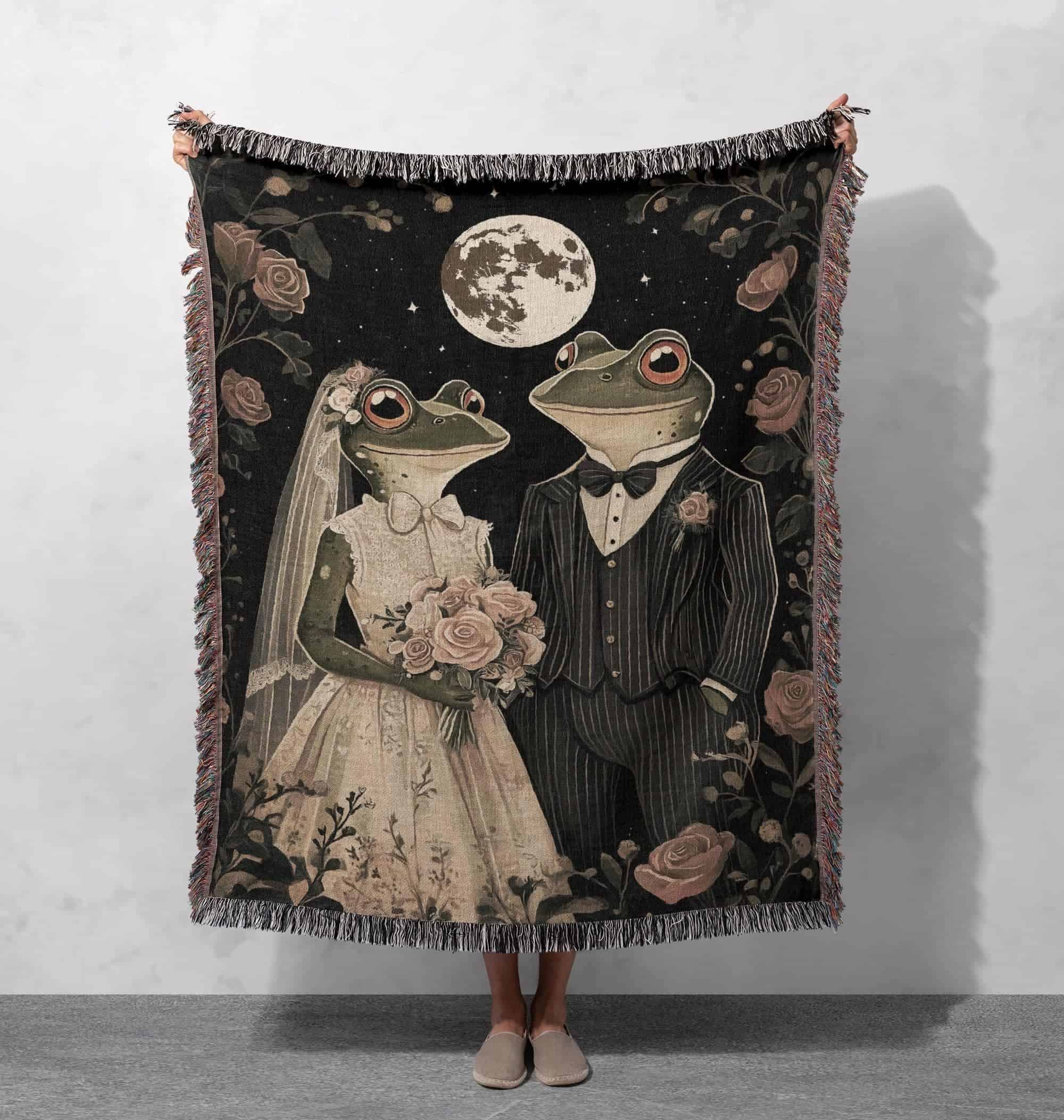 frog wedding woven blanket whimsical cottagecore tapestry vintage fairytale decor