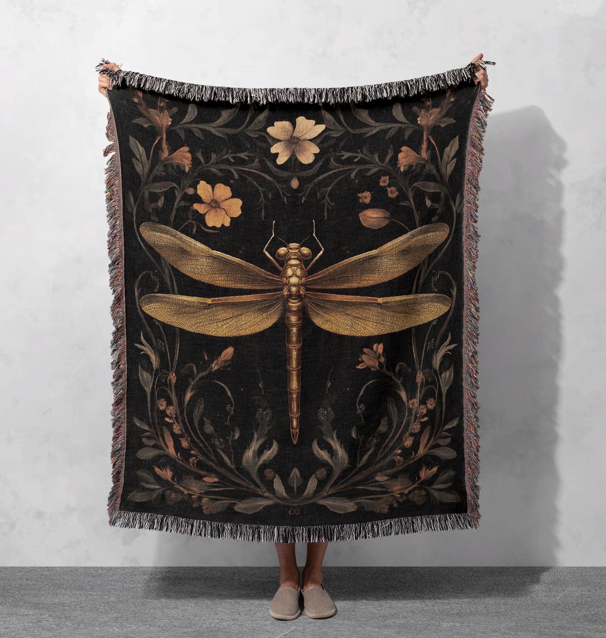 golden dragonfly woven blanket vintage insect tapestry nature inspired decor