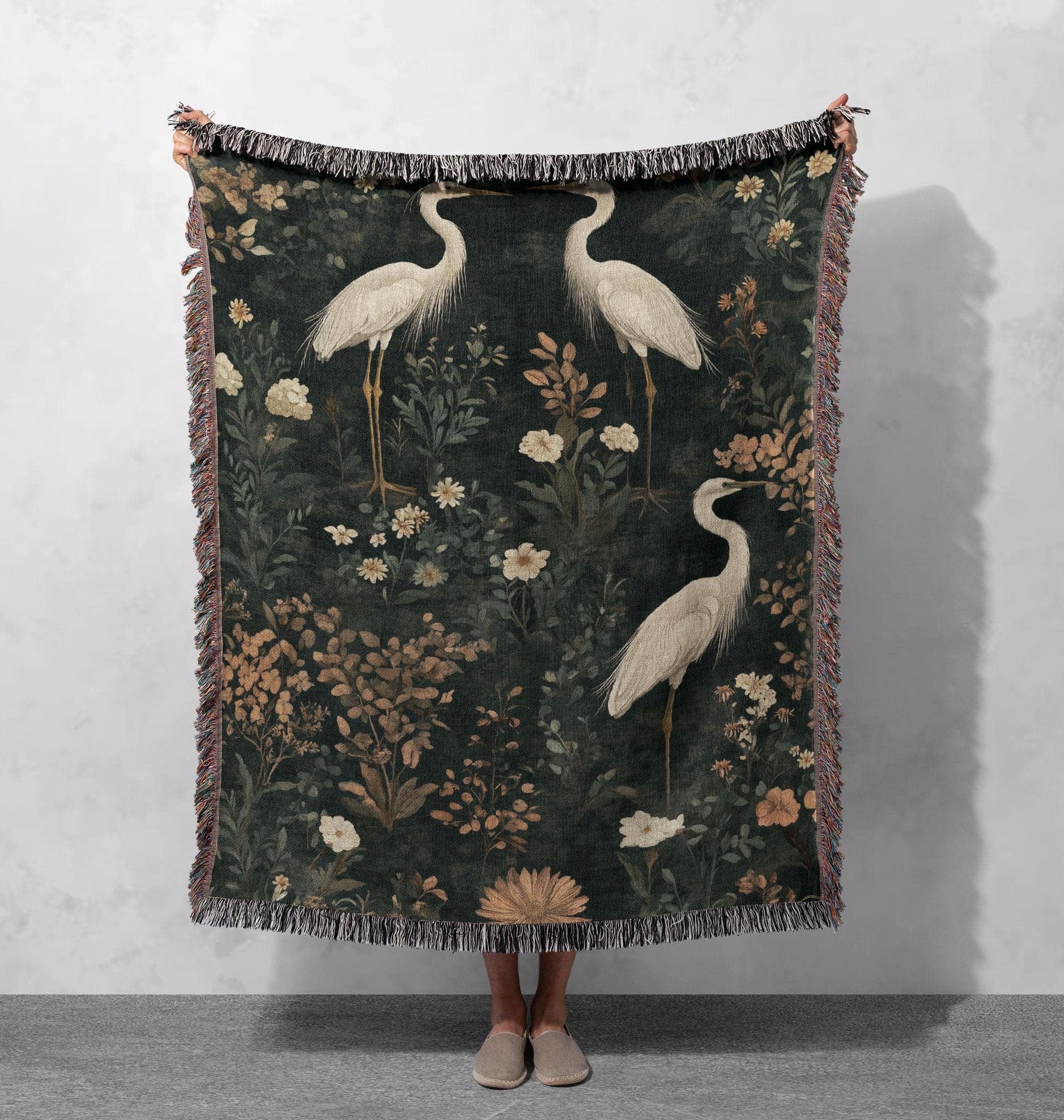 heron woven blanket vintage botanical bird tapestry throw cottagecore blanket home decor