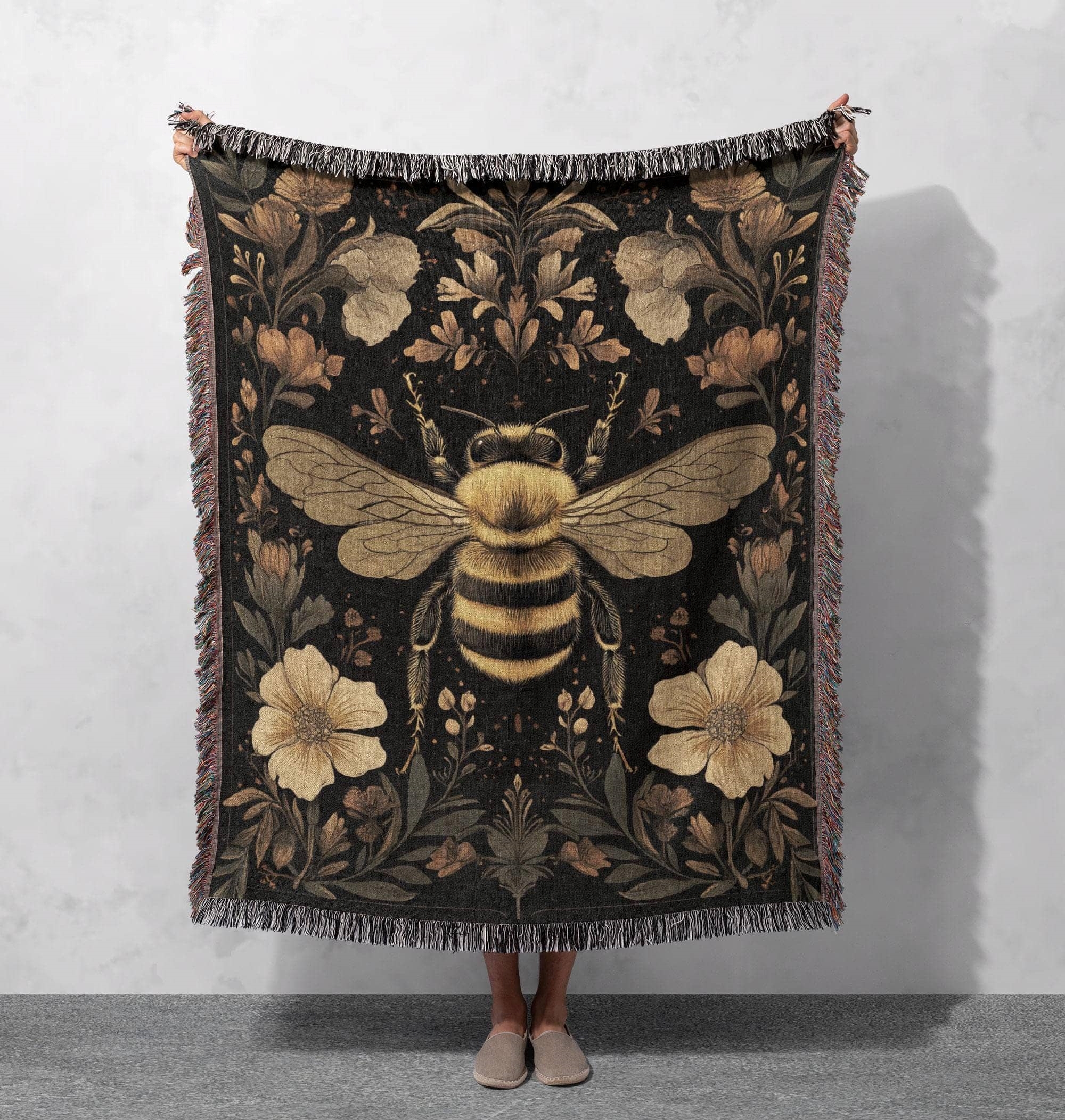 honeybee woven blanket vintage floral tapestry nature inspired decor