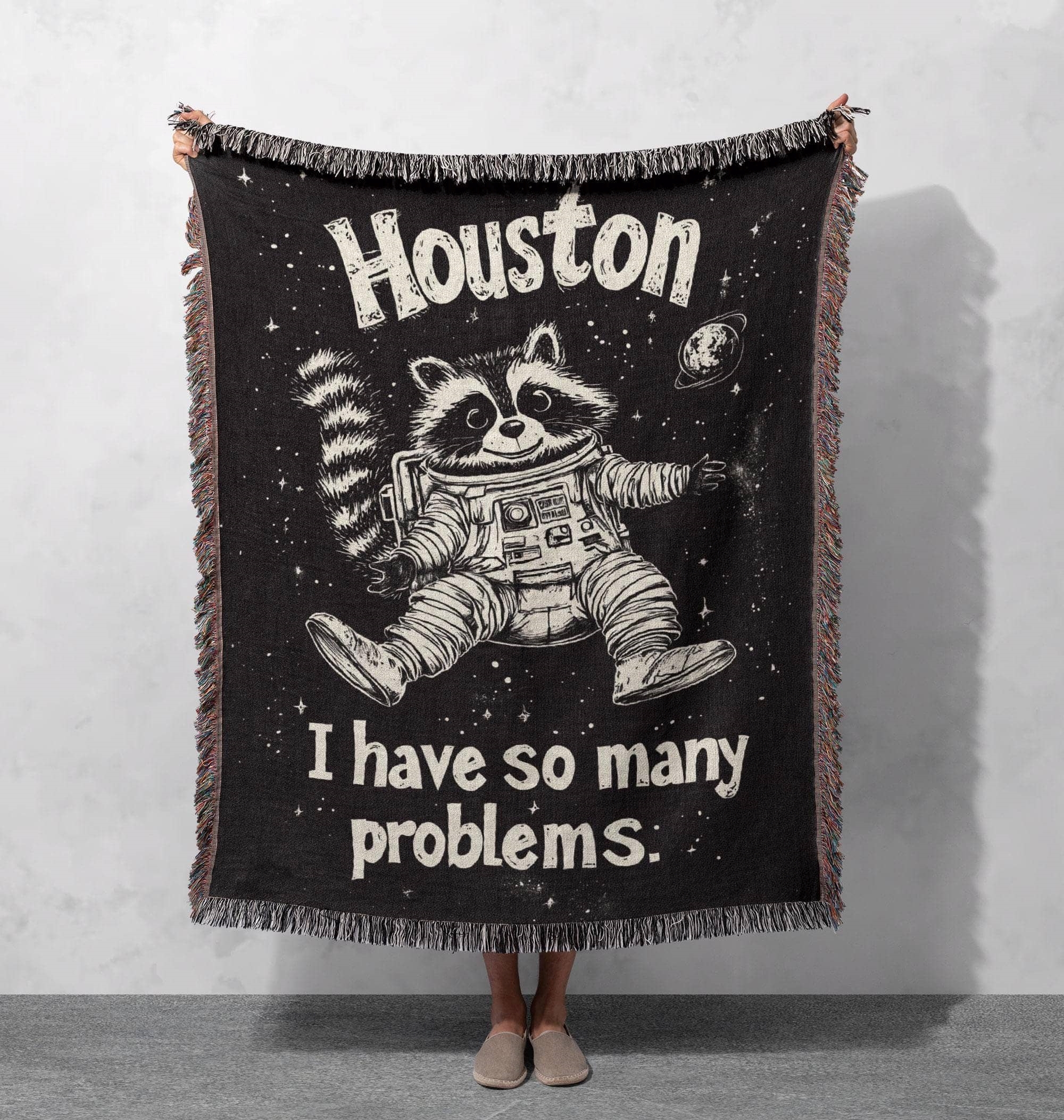 houston raccoon woven blanket funny space themed throw cottagecore tapestry