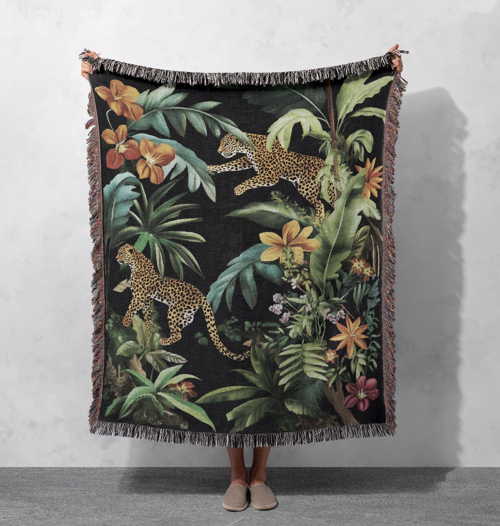 jungle leopard woven blanket exotic wildlife and tropical home decor cottagecore tapestry