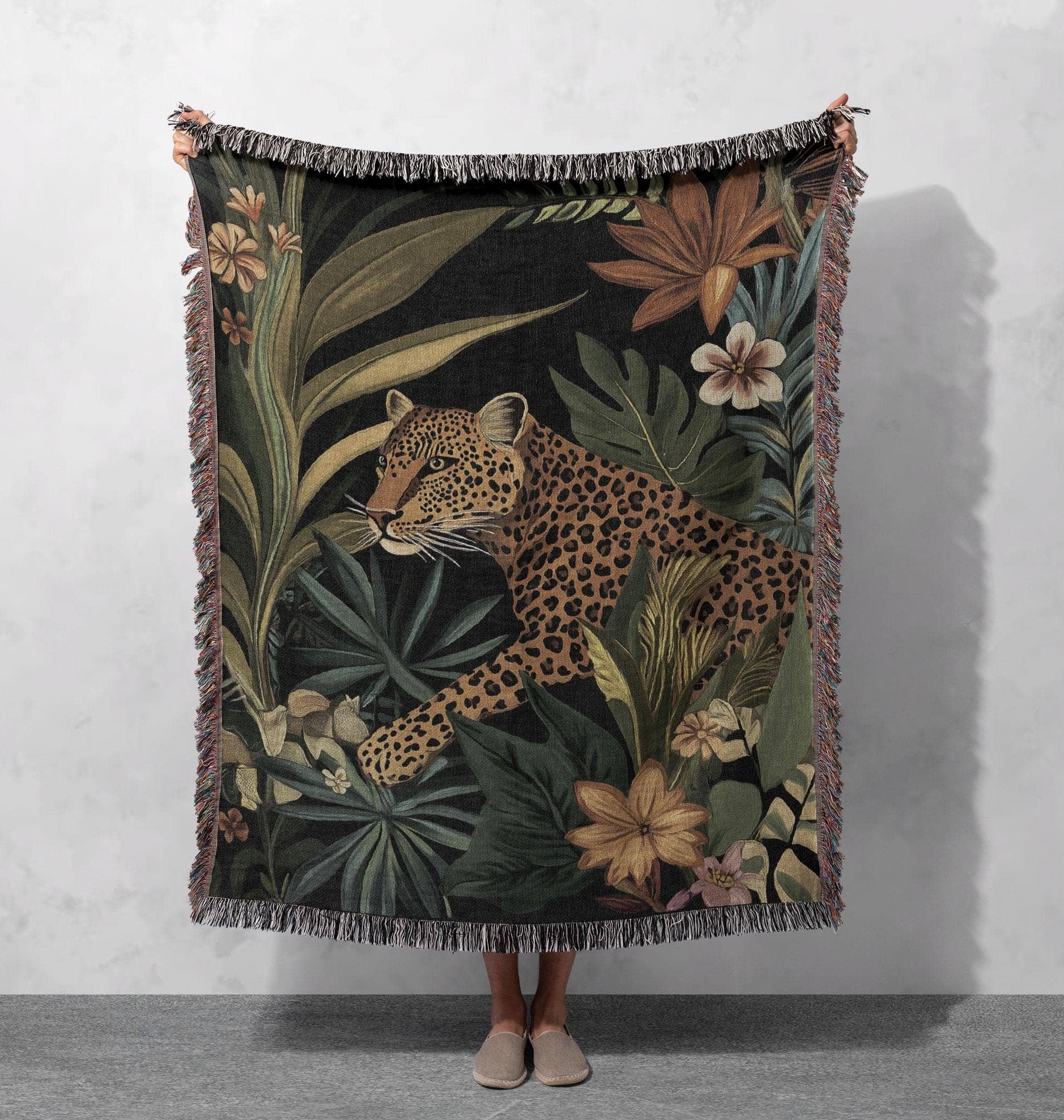 jungle leopard woven blanket tropical wildlife home decor cottagecore tapestry