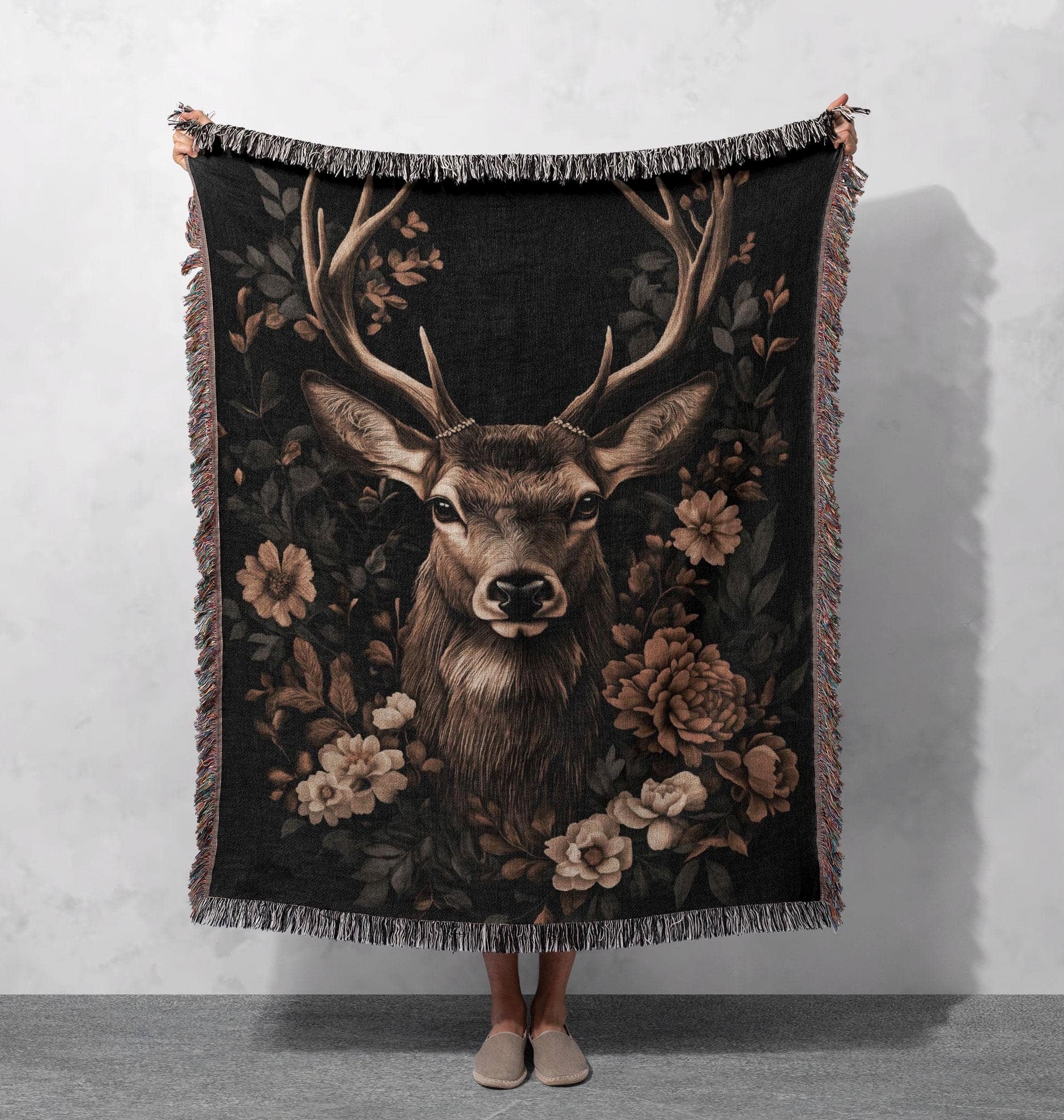 majestic deer woven blanket rustic woodland art nature decor cottagecore tapestry
