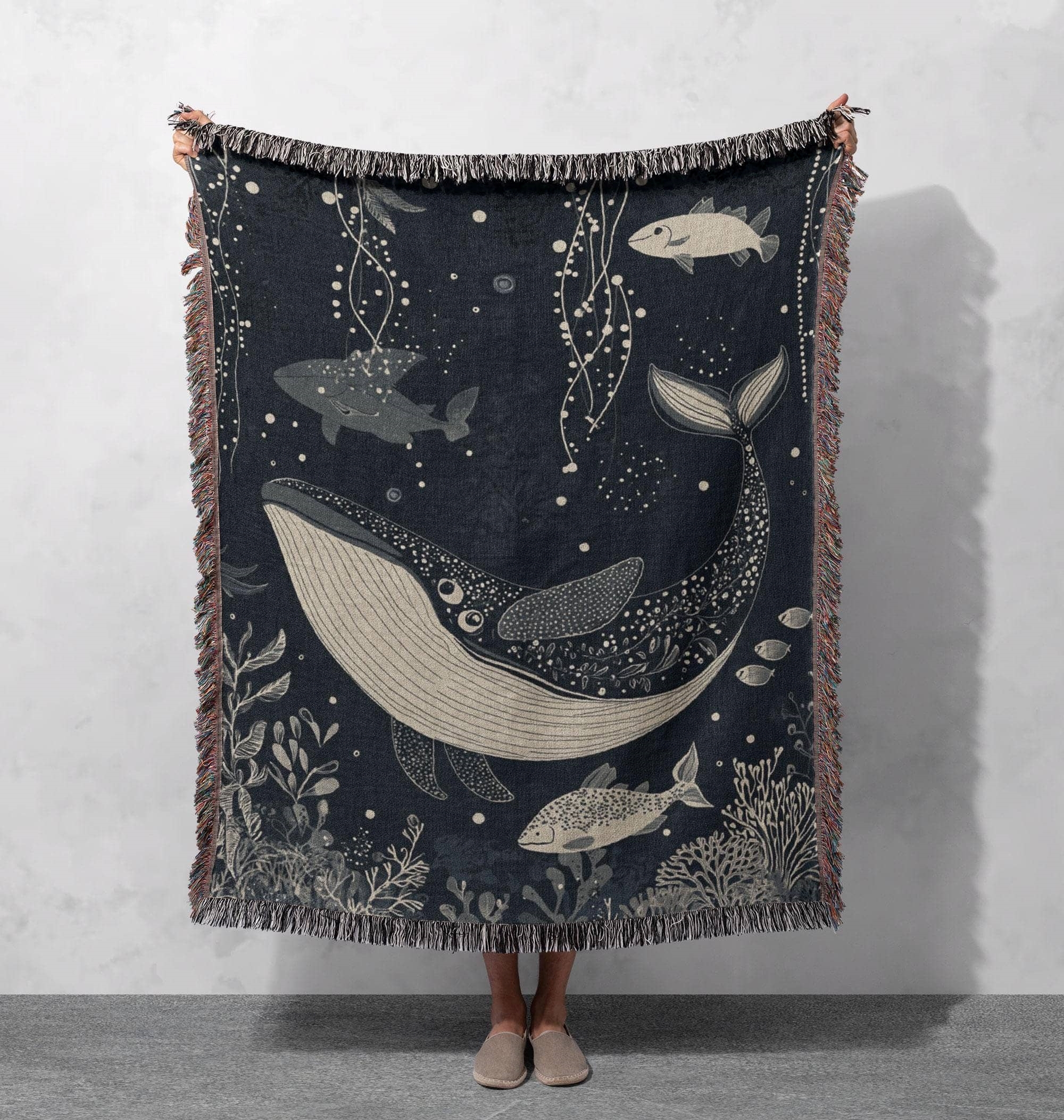 majestic ocean whale woven blanket cozy underwater scene throw with marine life for ocean lovers cottagecore tapestry