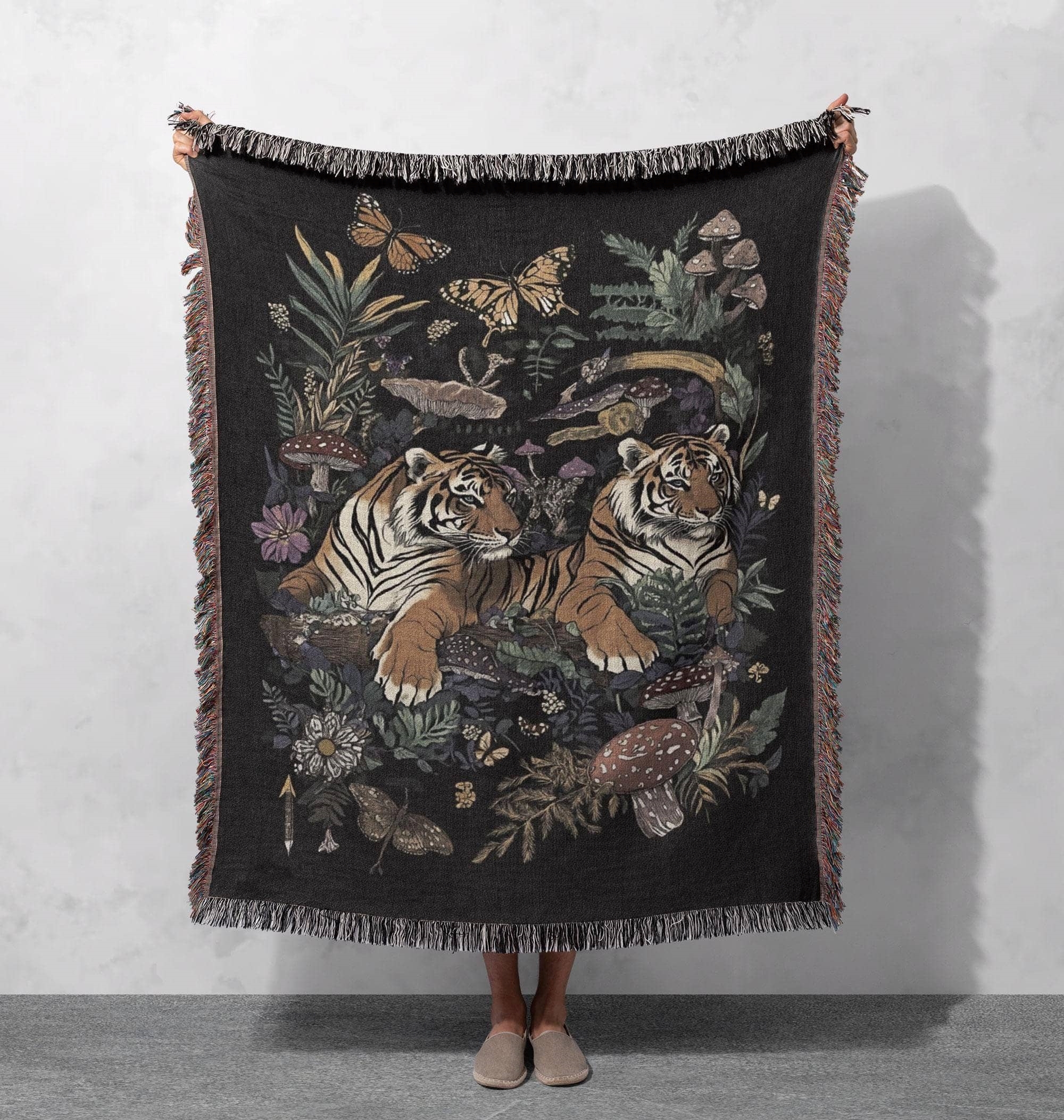 majestic tigers woven blanket exotic jungle scene with butterflies and mushrooms design cottagecore tapestry