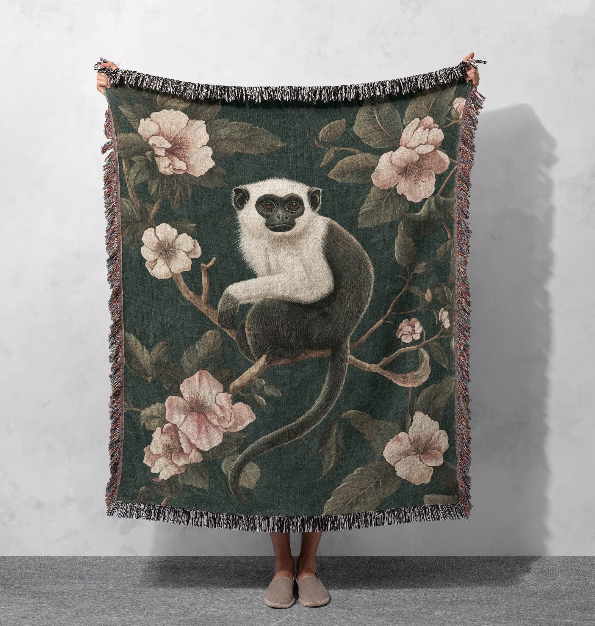monkey woven blanket elegant floral jungle design cottagecore tapestry