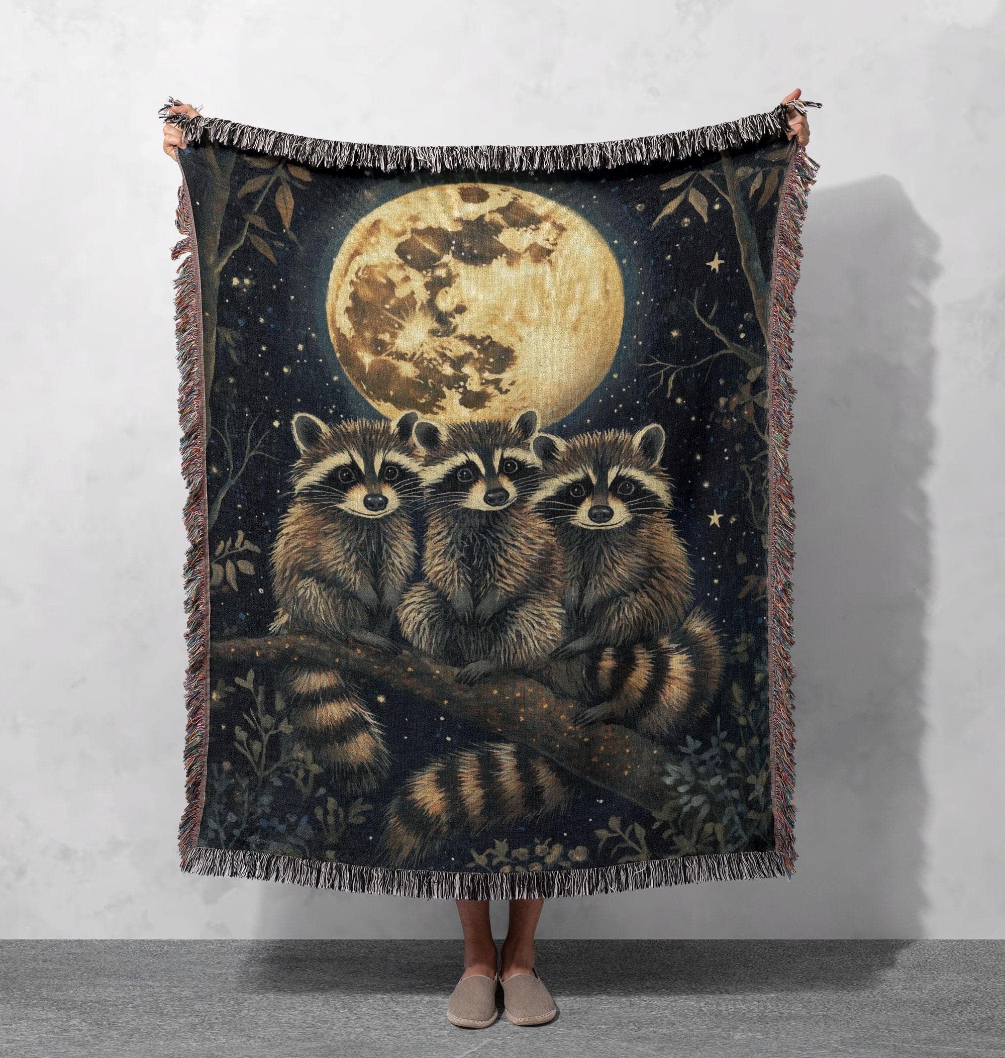 moonlit raccoons woven blanket woodland animal art throw cottagecore tapestry