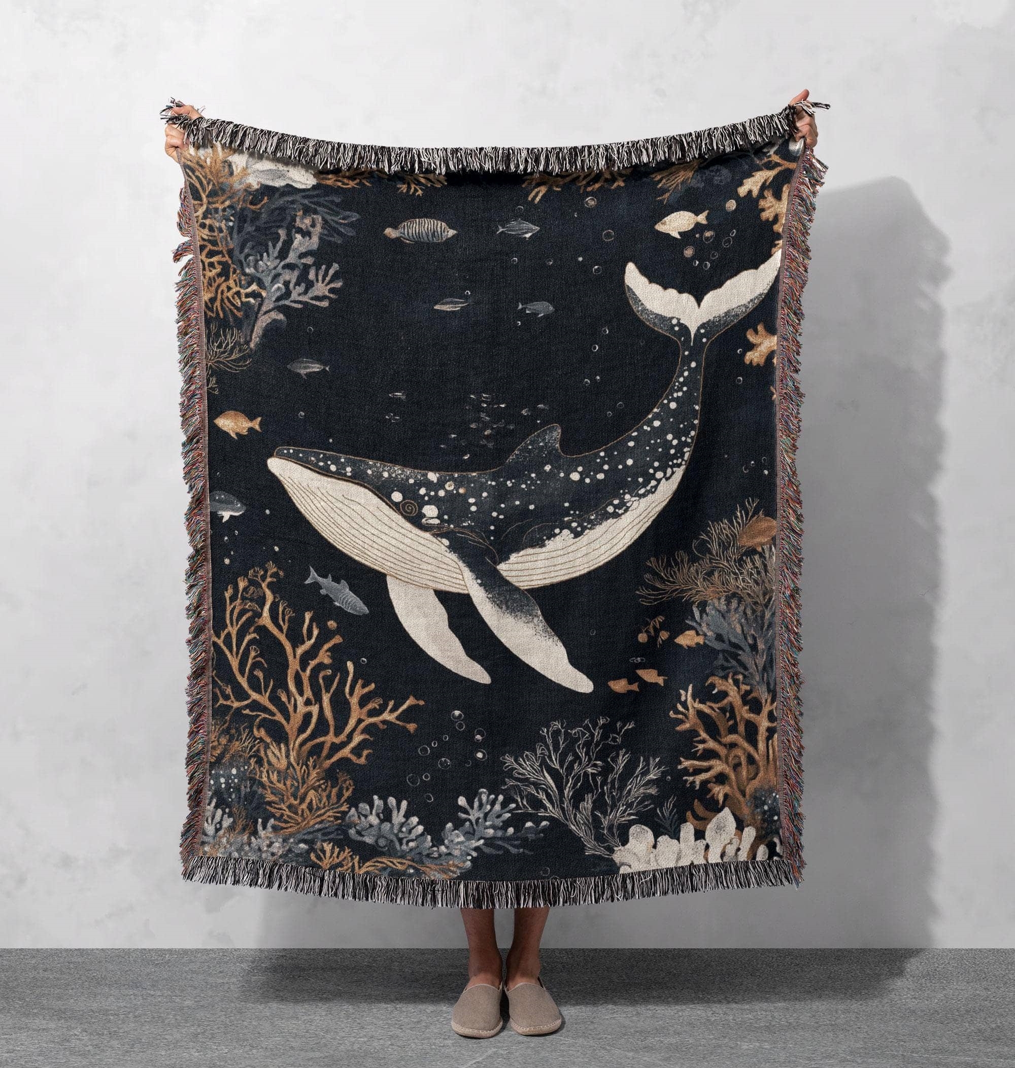 ocean whale woven blanket underwater marine art throw cottagecore tapestry