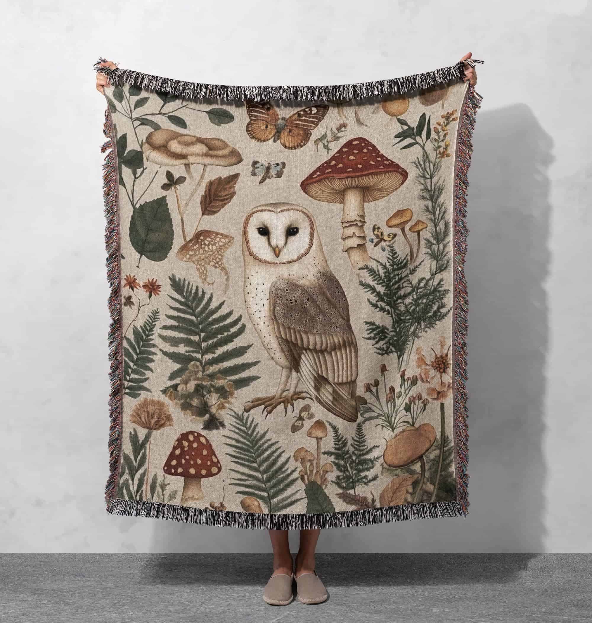 Owl & Mushroom Woven Blanket Cottagecore Woodland Tapestry Throw Cottagecore Blanket Home Decor owl mushroom woven blanket cottagecore woodland tapestry throw cottagecore blanket home decor
