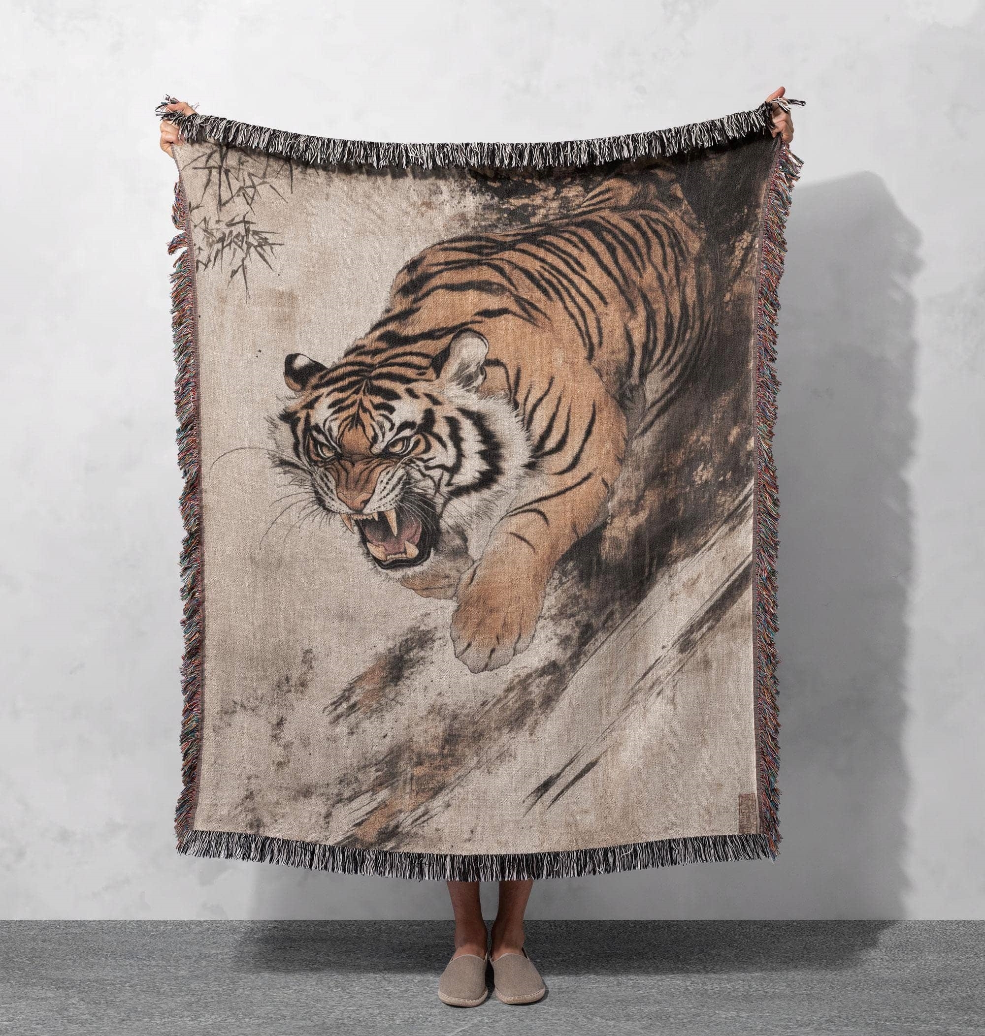 roaring tiger woven blanket fierce wildlife art throw cottagecore tapestry