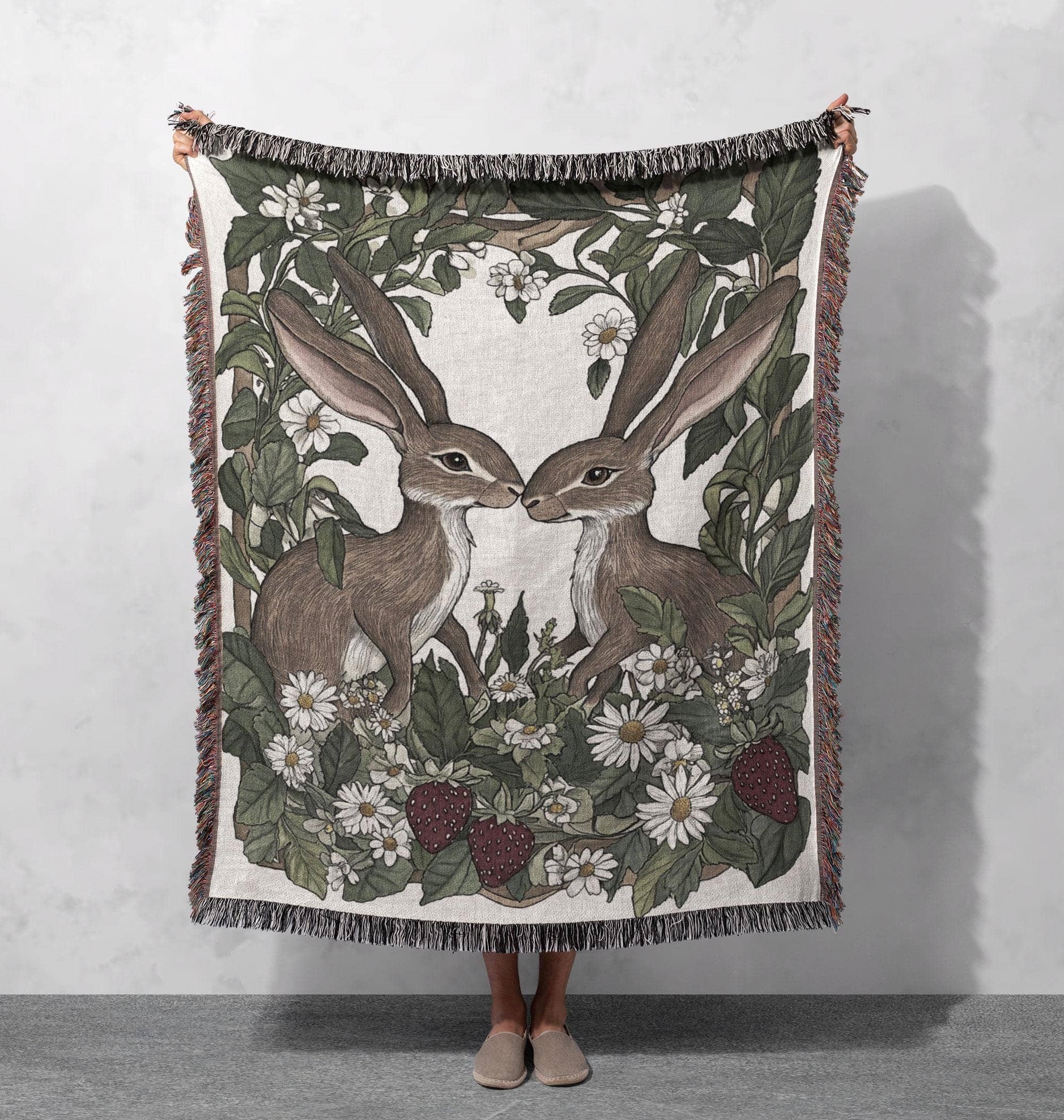 romantic bunny garden woven blanket with fringe whimsical floral animal throw cottagecore tapestry
