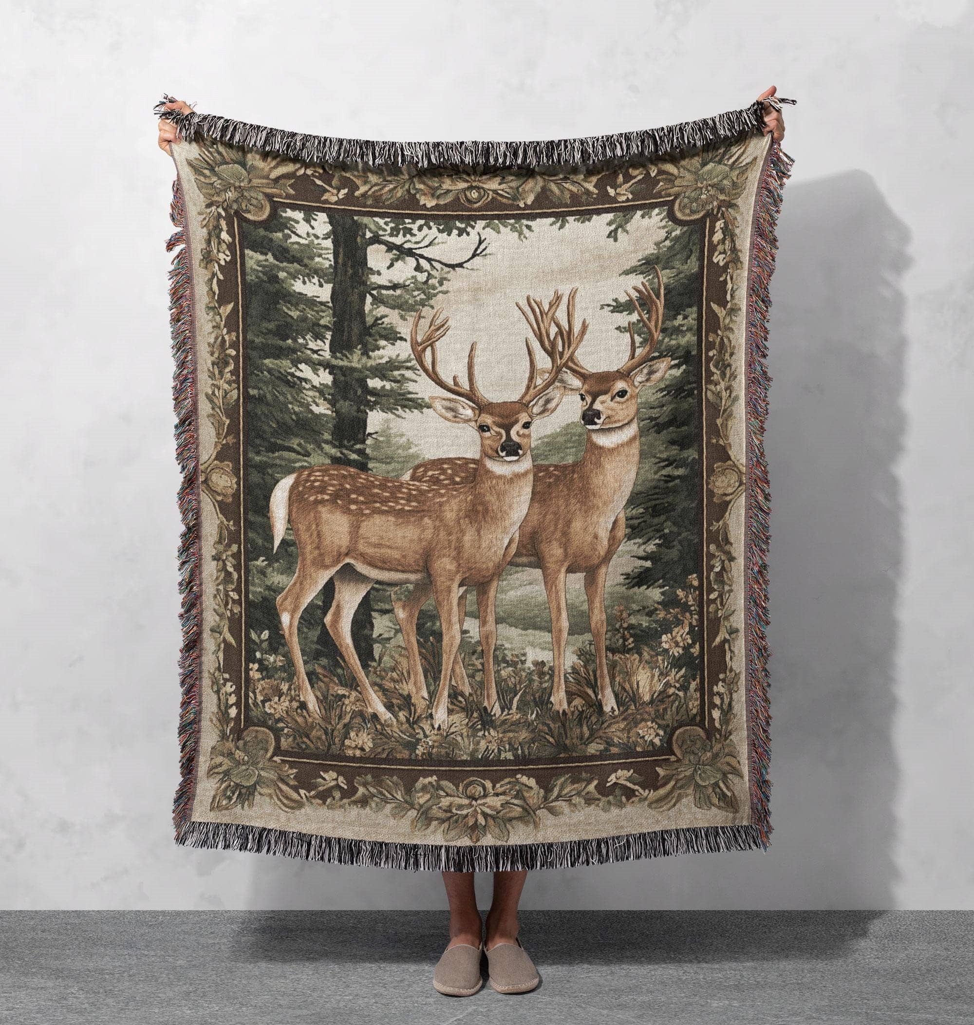 rustic deer couple woven blanket for nature themed home decor and cozy gifts cottagecore tapestry