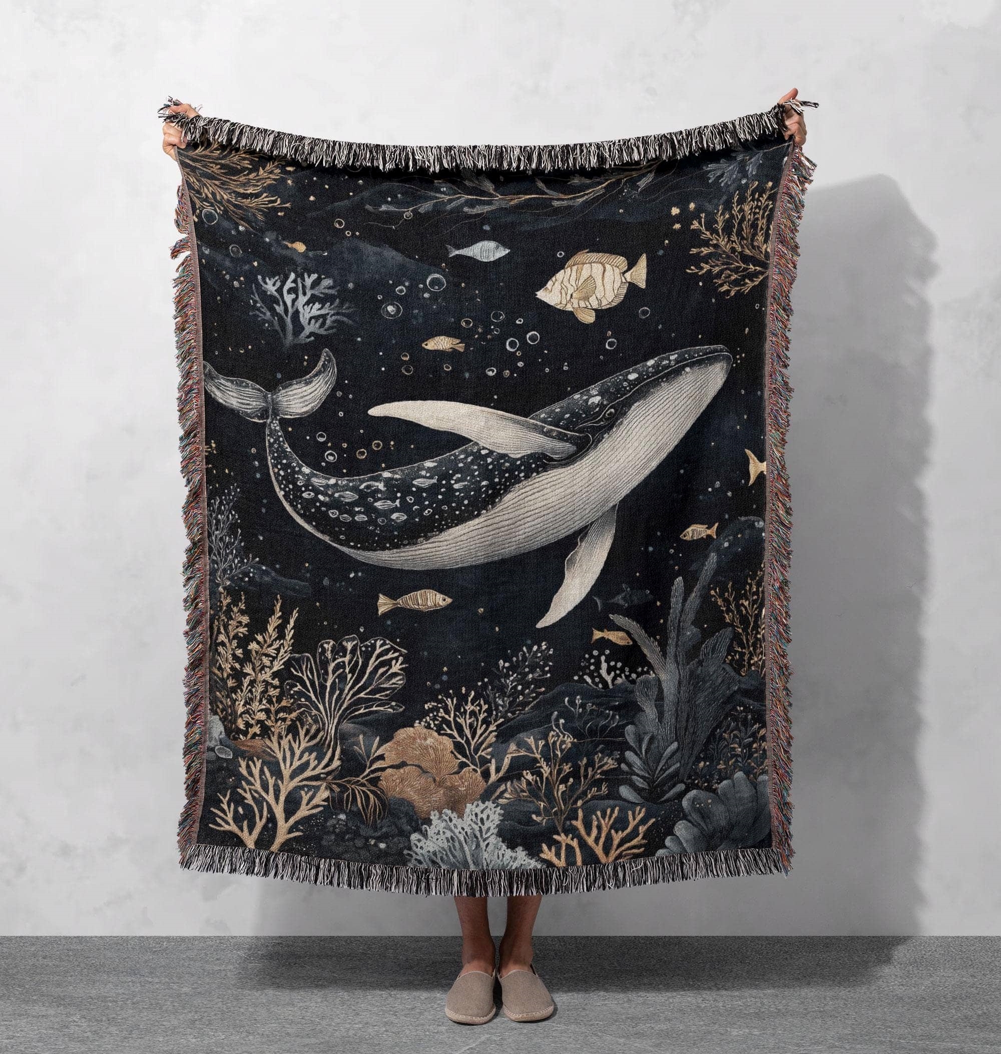 underwater wonderland woven blanket majestic whale art throw cottagecore tapestry