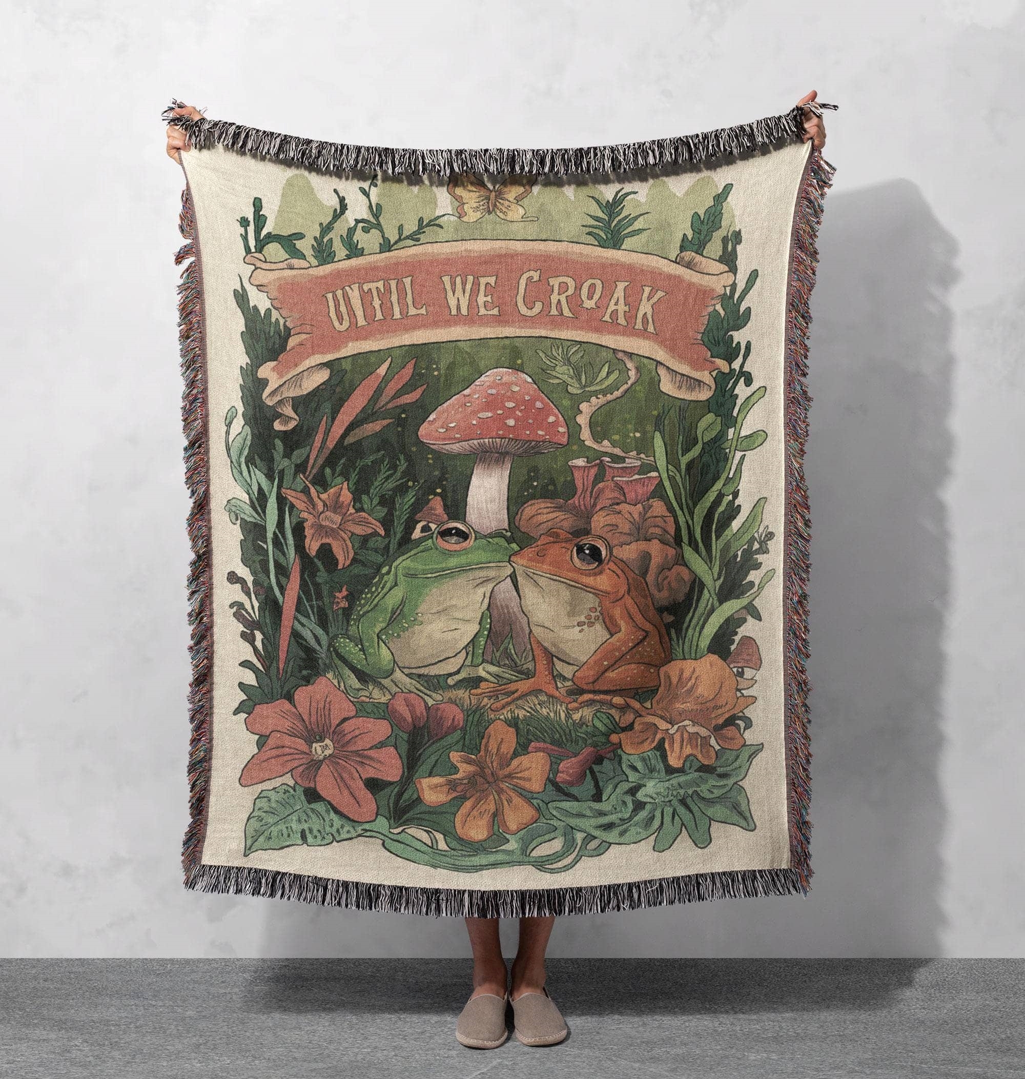until we croak frog woven blanket with whimsical forest scene cozy nature inspired throw blanket cottagecore tapestry