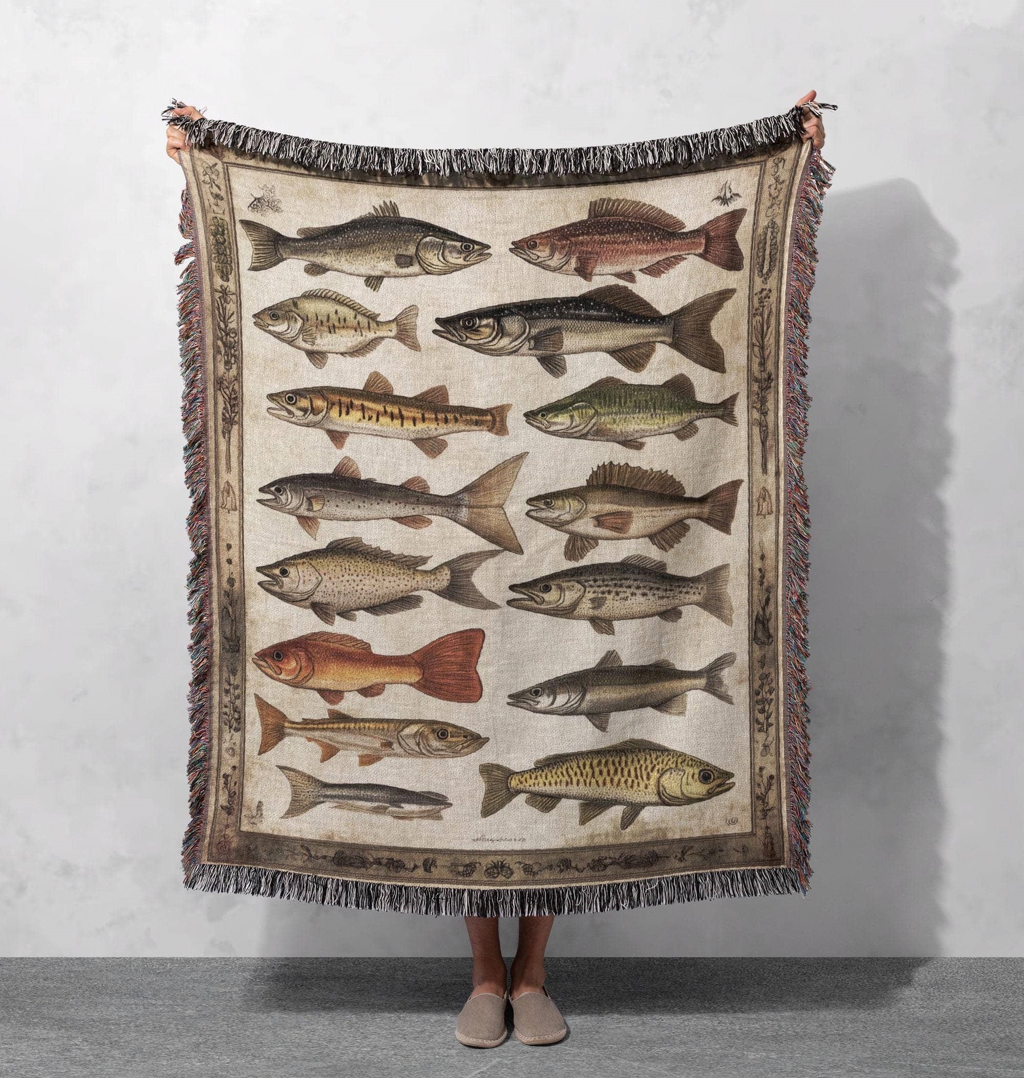 vintage fish woven blanket antique fishing tapestry throw rustic cabin decor anglers gift nautical home decor