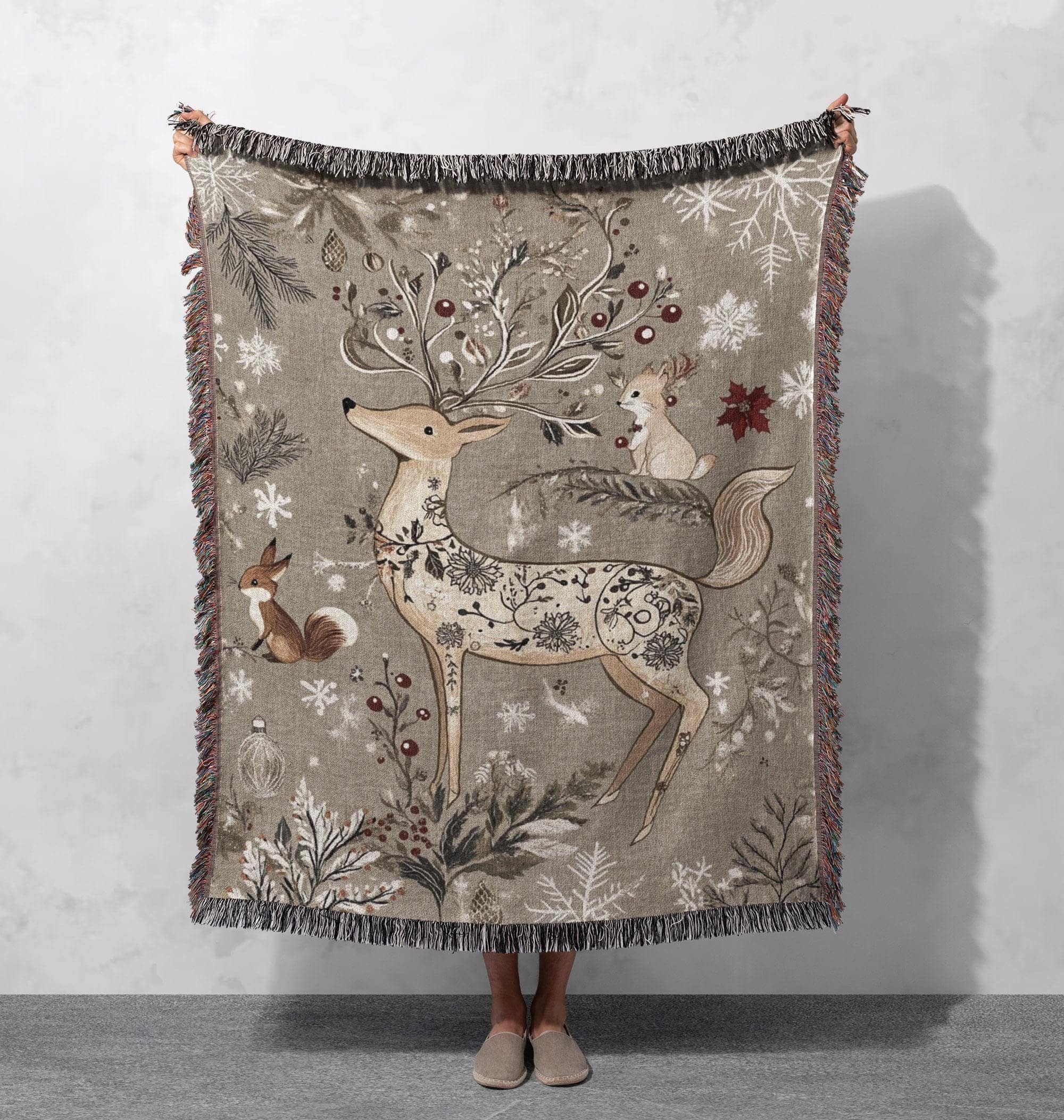 winter woodland woven blanket with deer fox and snowflakes cottagecore tapestry