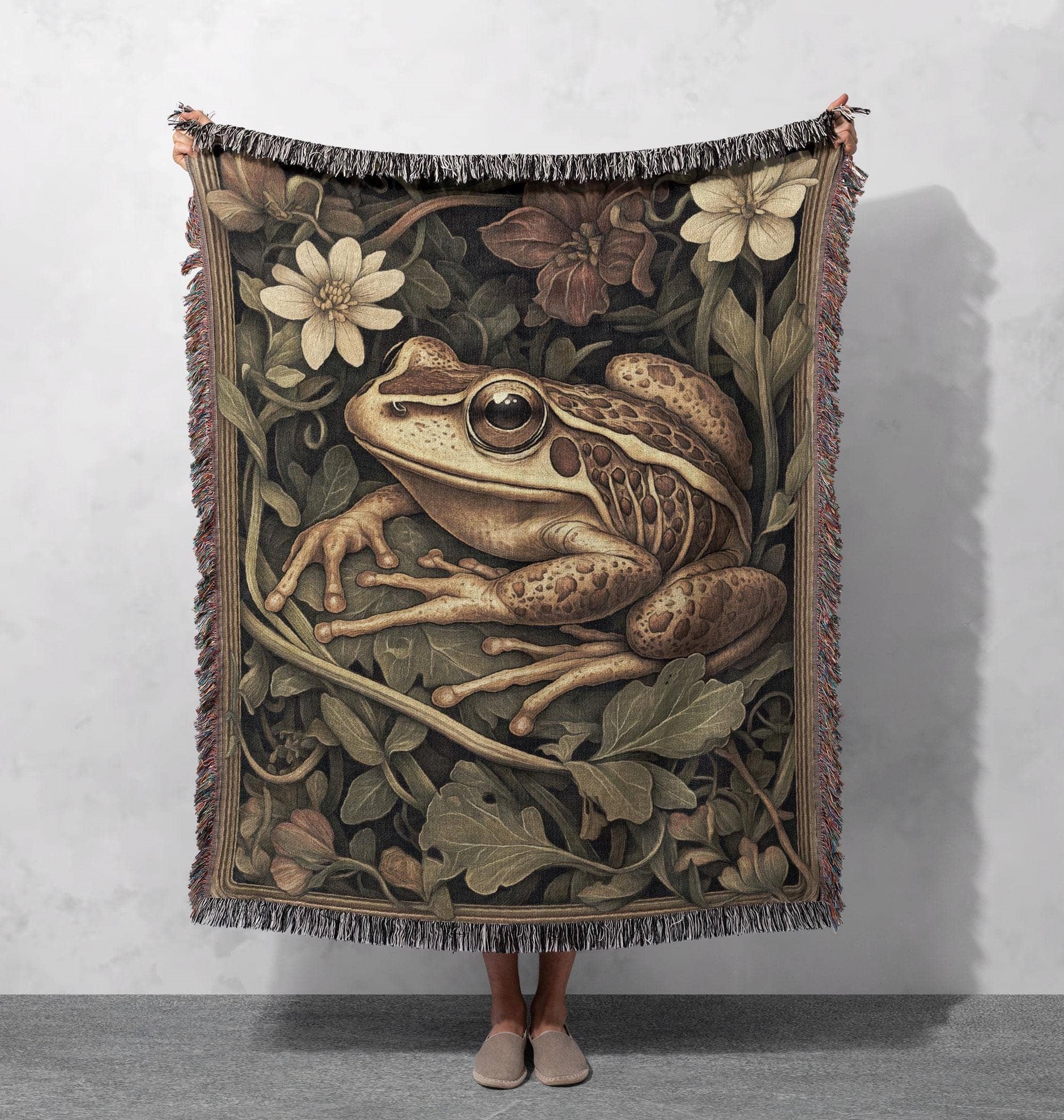 woodland frog woven blanket nature inspired rustic tapestry cottagecore throw