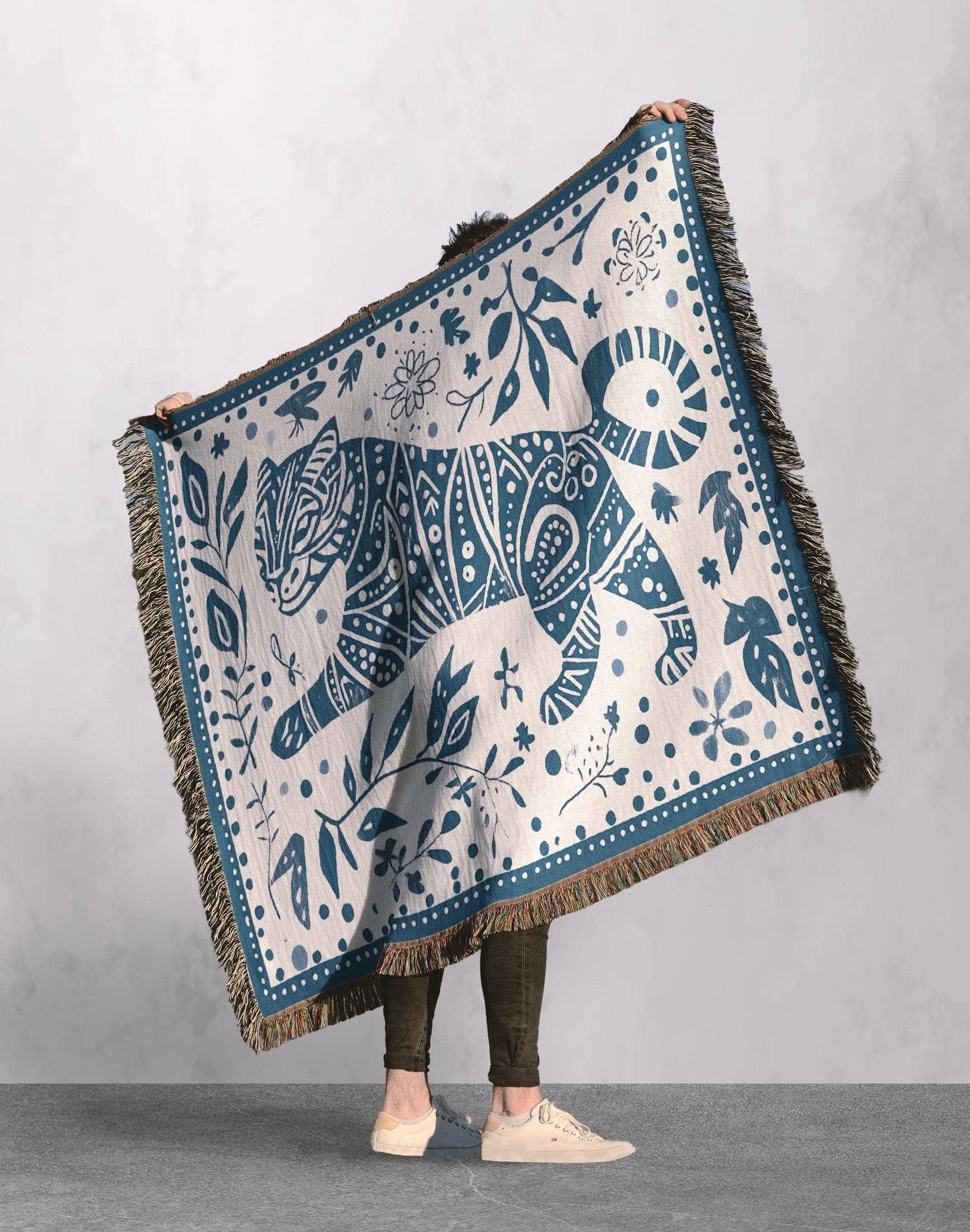 woven blanket with artistic tiger and floral design cottagecore tapestry