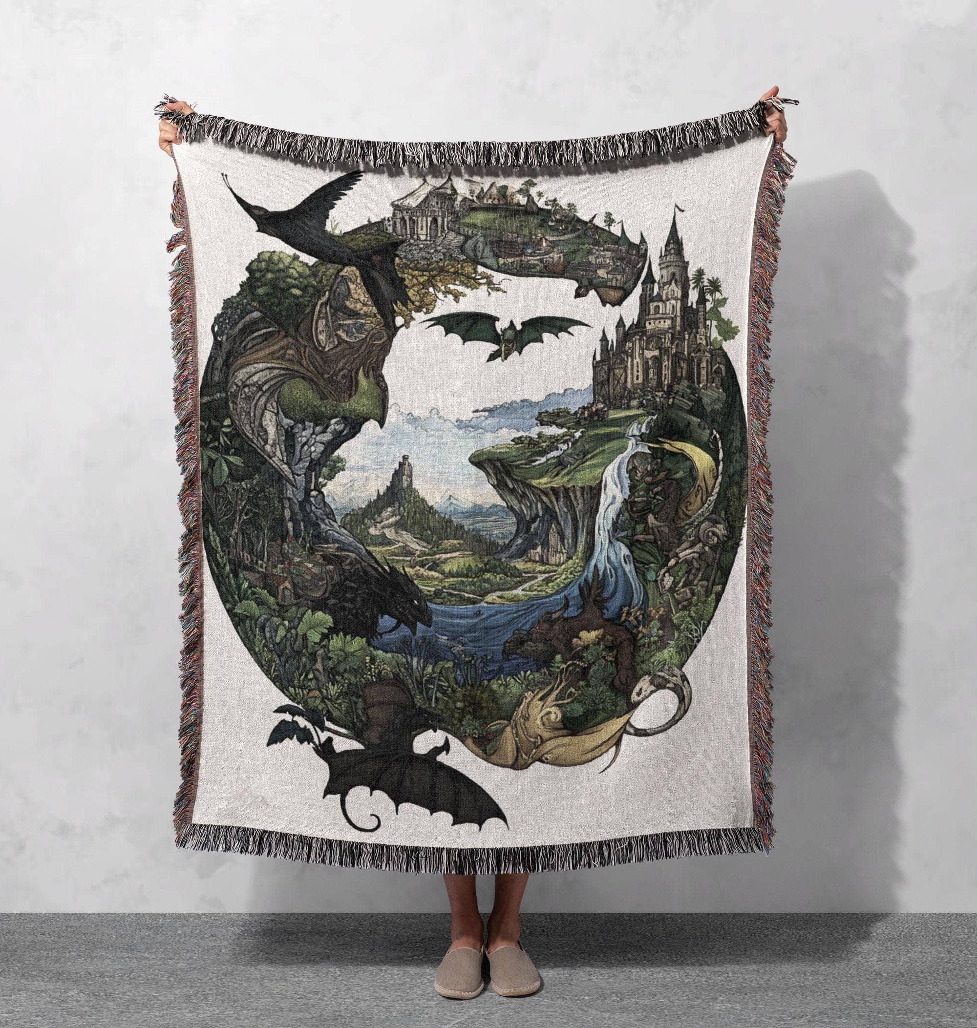 woven blanket with fantasy castle and dragon landscape design cottagecore tapestry