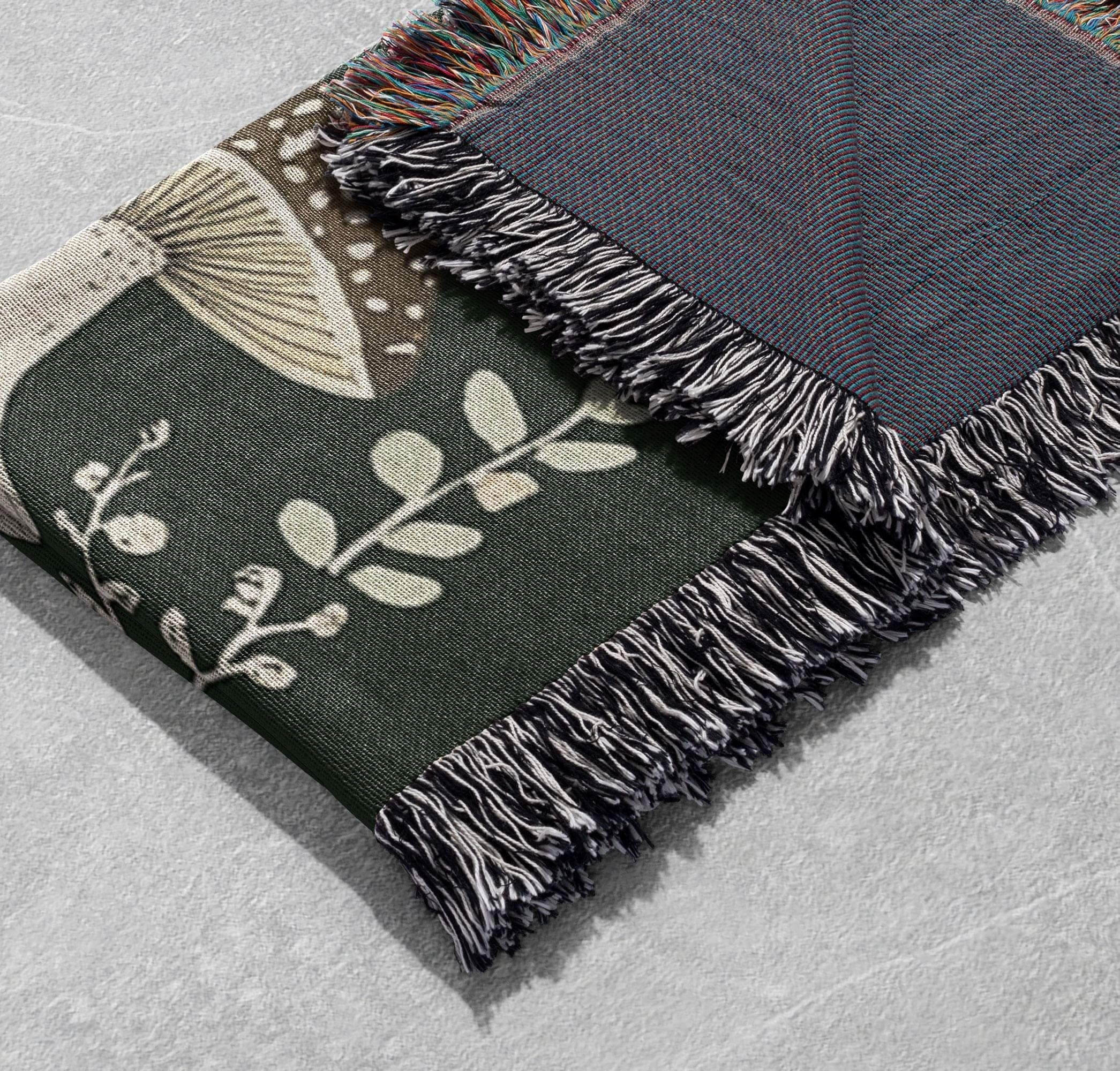 feral animal woven blanket with forest creatures and green background cottagecore tapestry