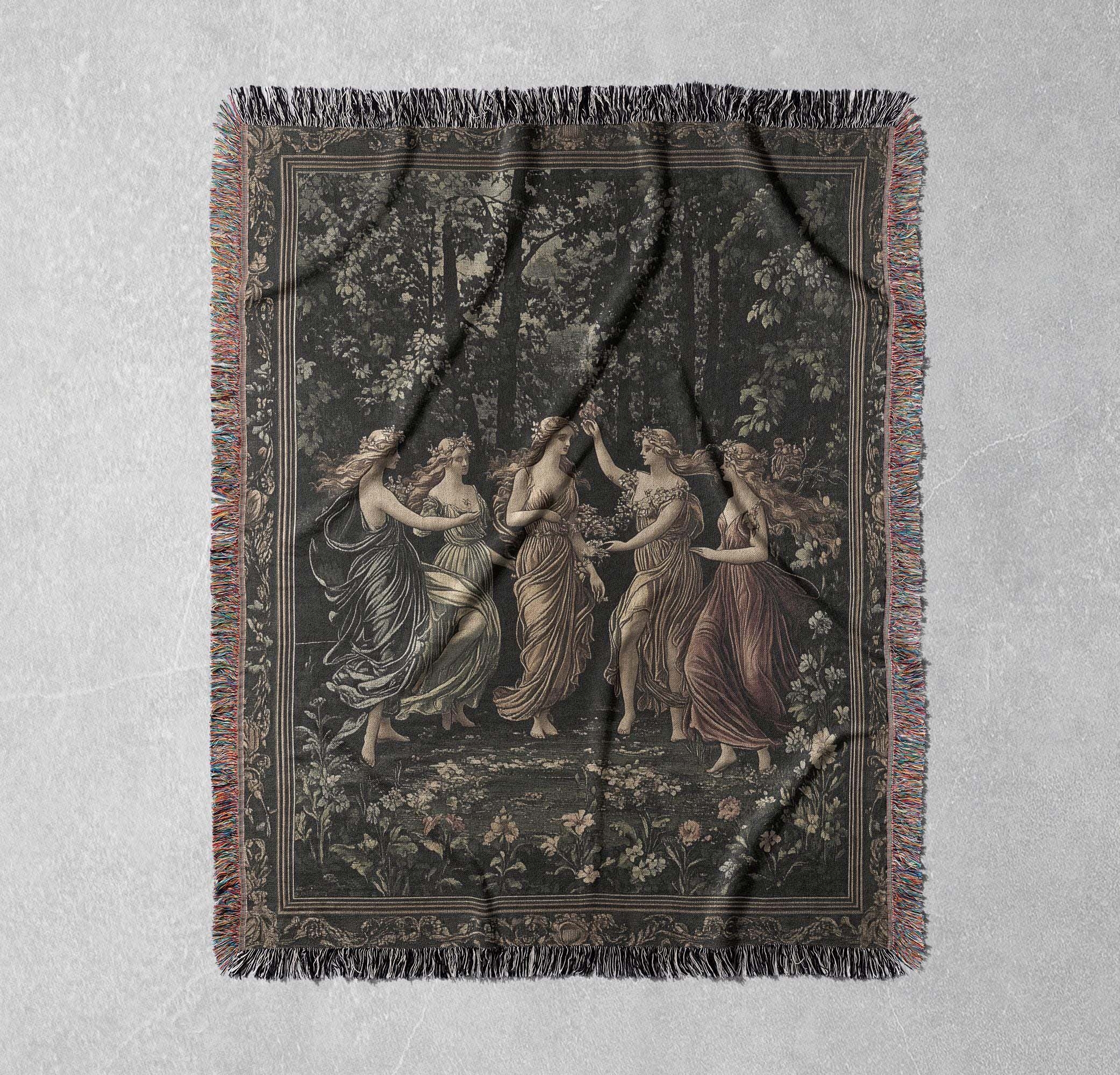 three graces woven blanket renaissance art throw classical mythology decor