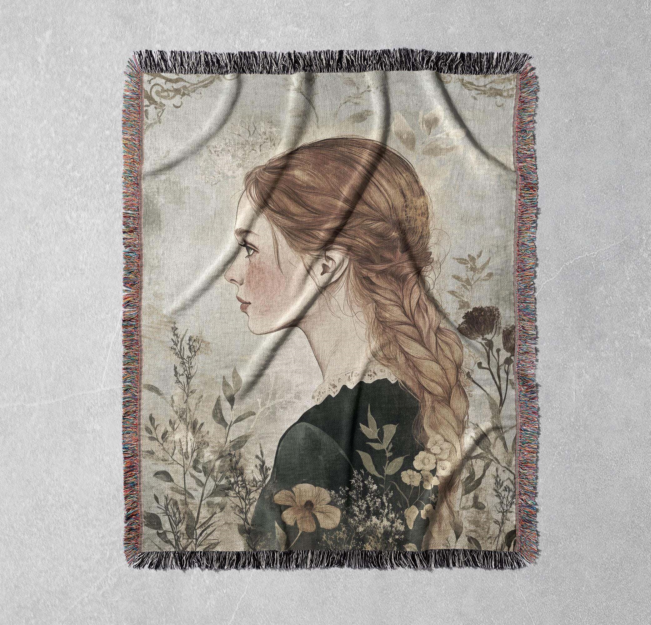 vintage girl woven blanket cottagecore tapestry romantic home decor victorian art throw soft cozy blanket gift for mom