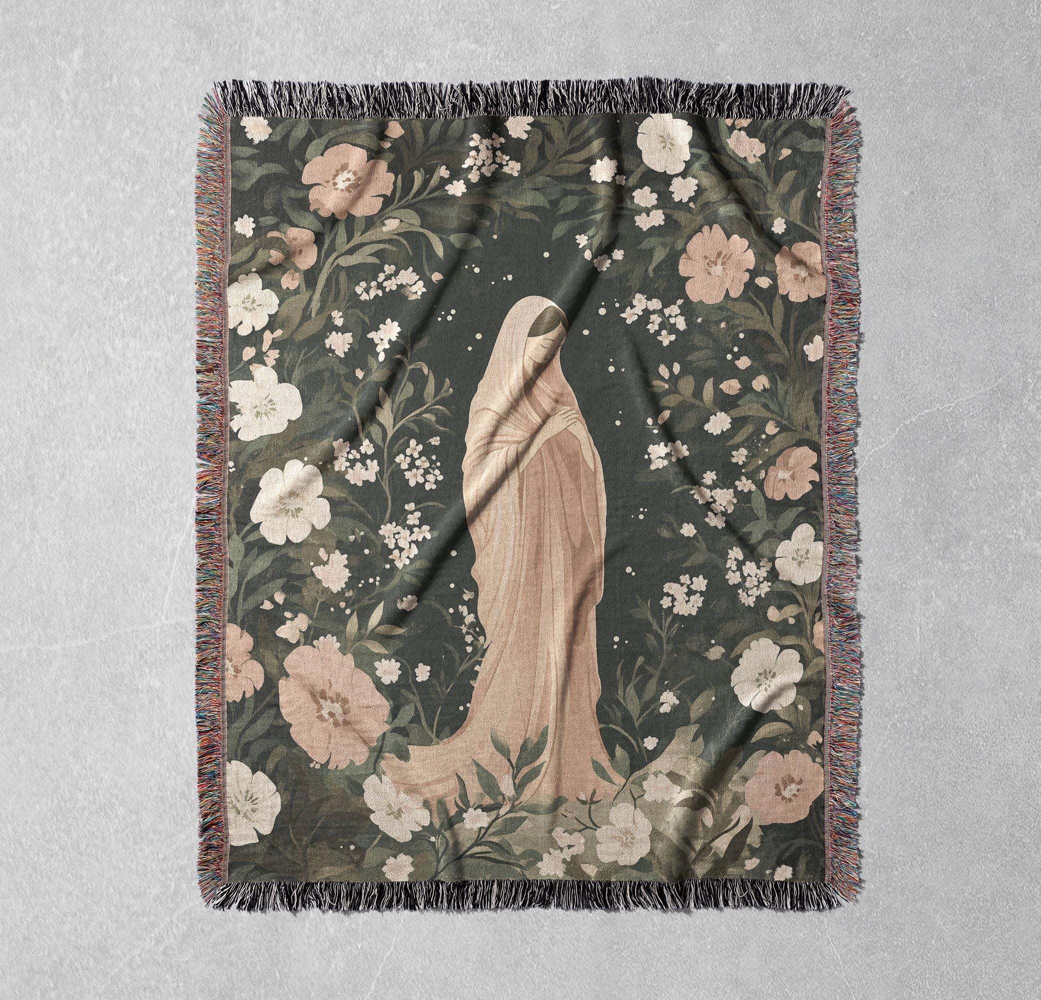 virgin mary woven blanket religious art throw with floral design for cozy home decor cottagecore tapestry