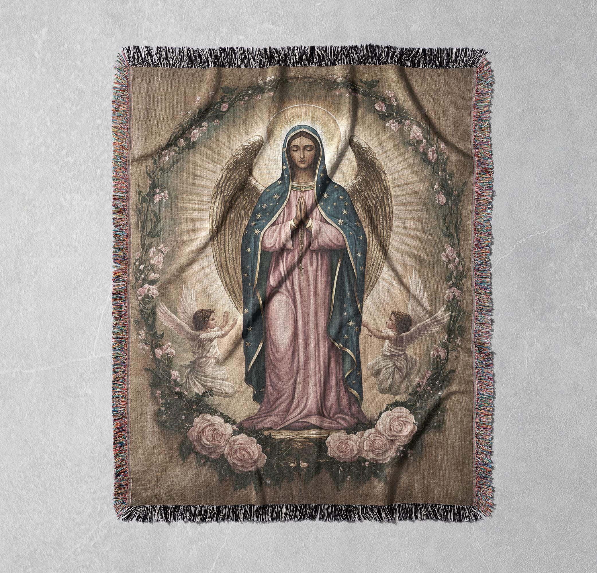 virgin mary woven blanket religious tapestry throw catholic home decor spiritual gift