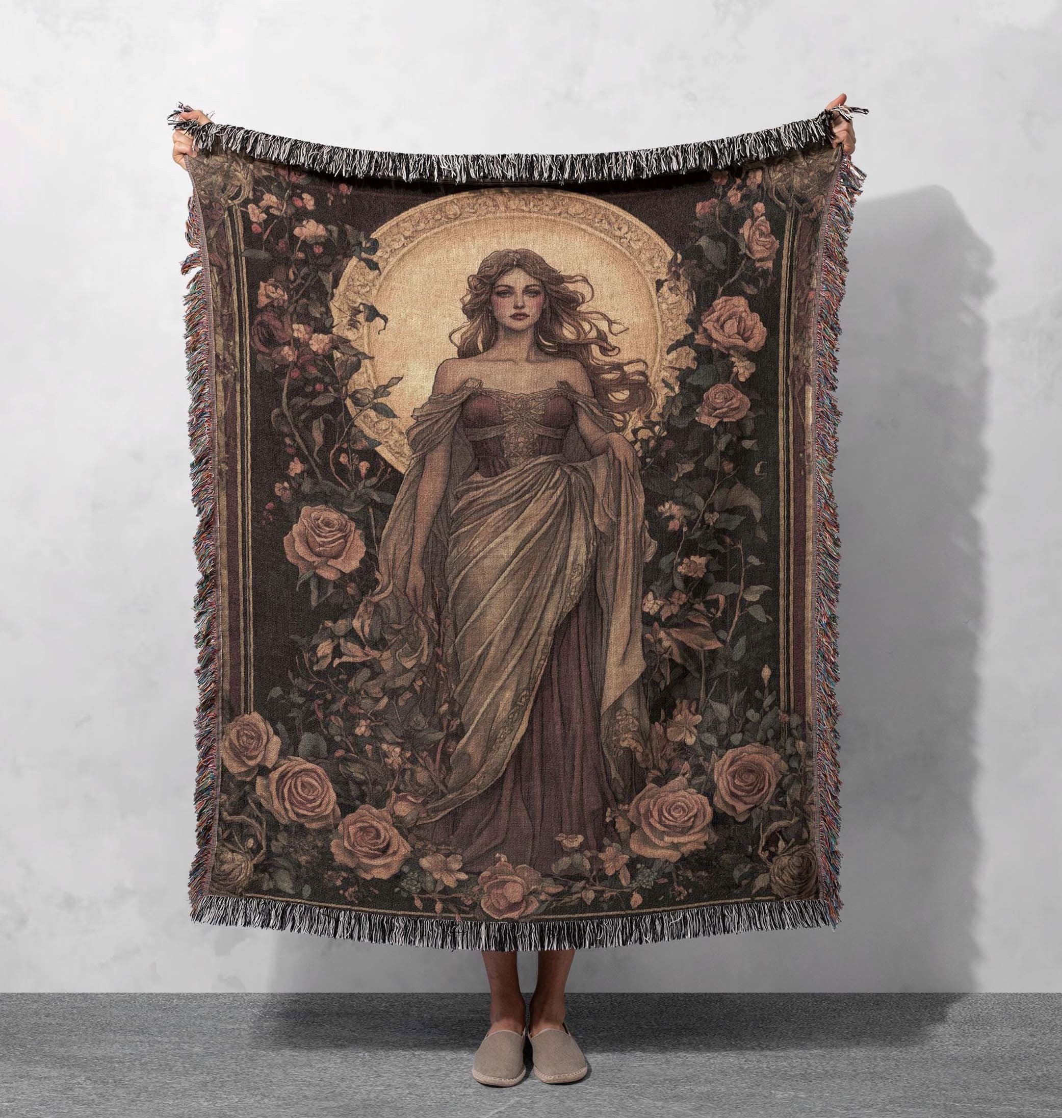 art nouveau goddess woven blanket vintage floral tapestry throw elegant boho decor