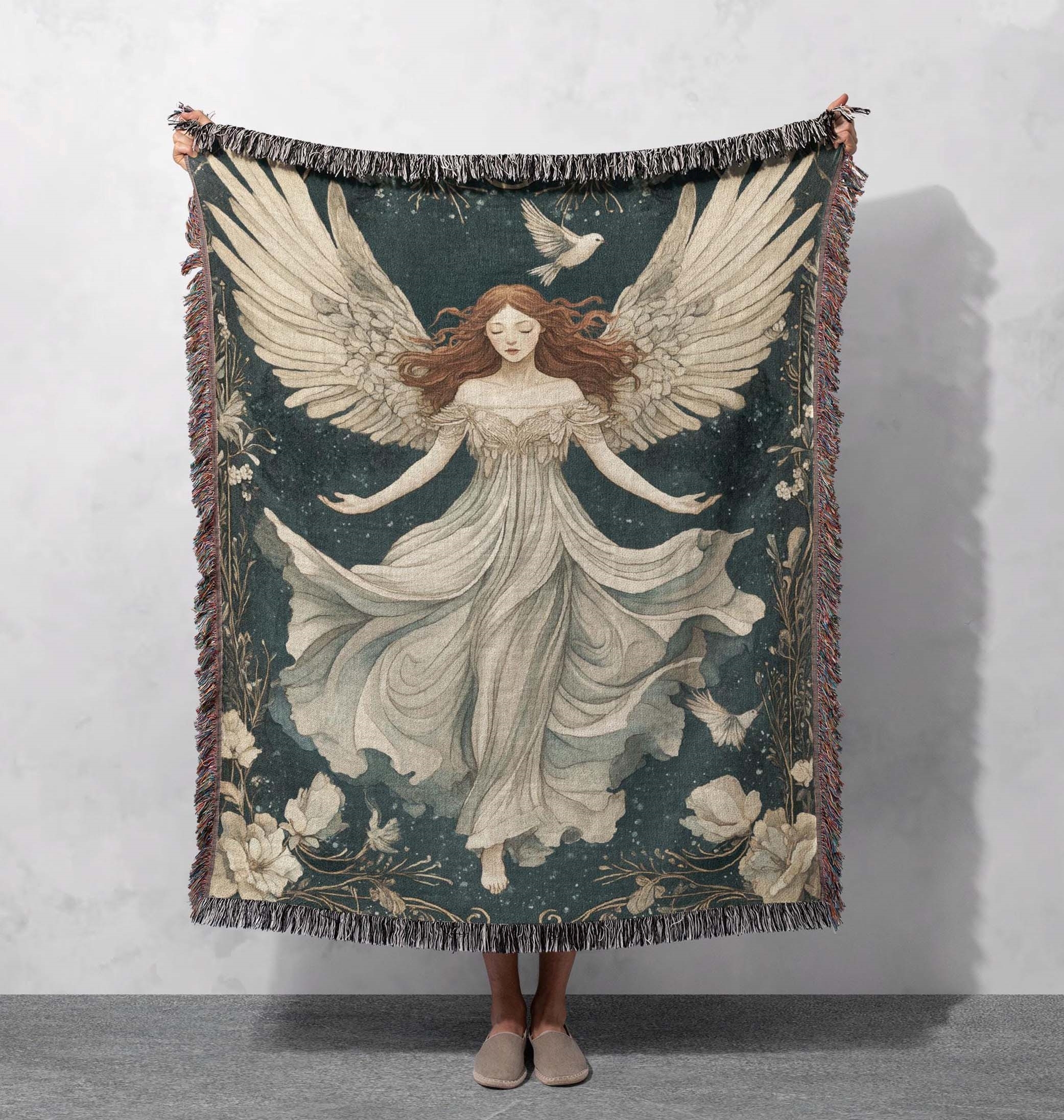 celestial angel woven blanket ethereal guardian throw vintage angelic tapestry spiritual home decor