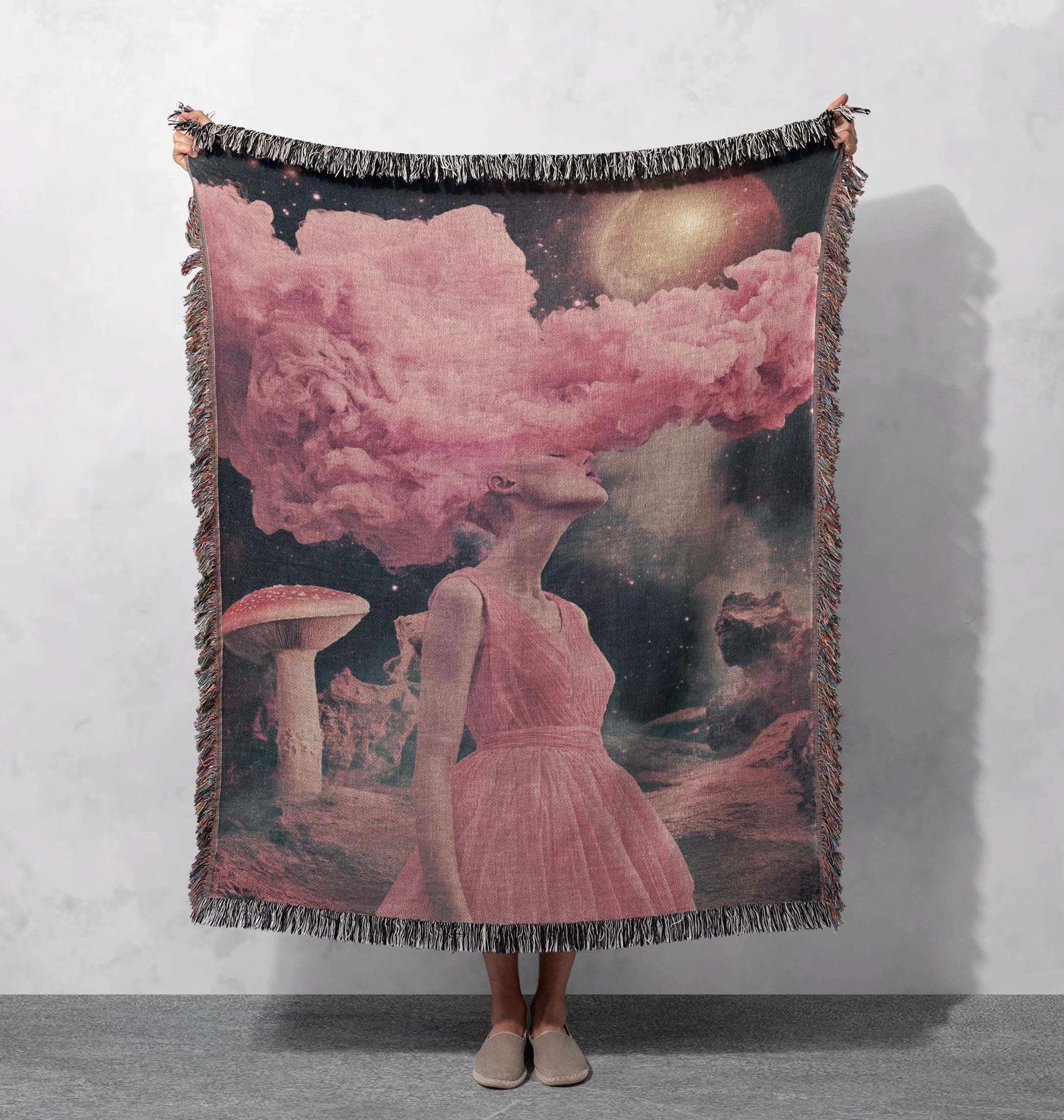 dreamscape pink clouds woven blanket surreal art throw cottagecore tapestry