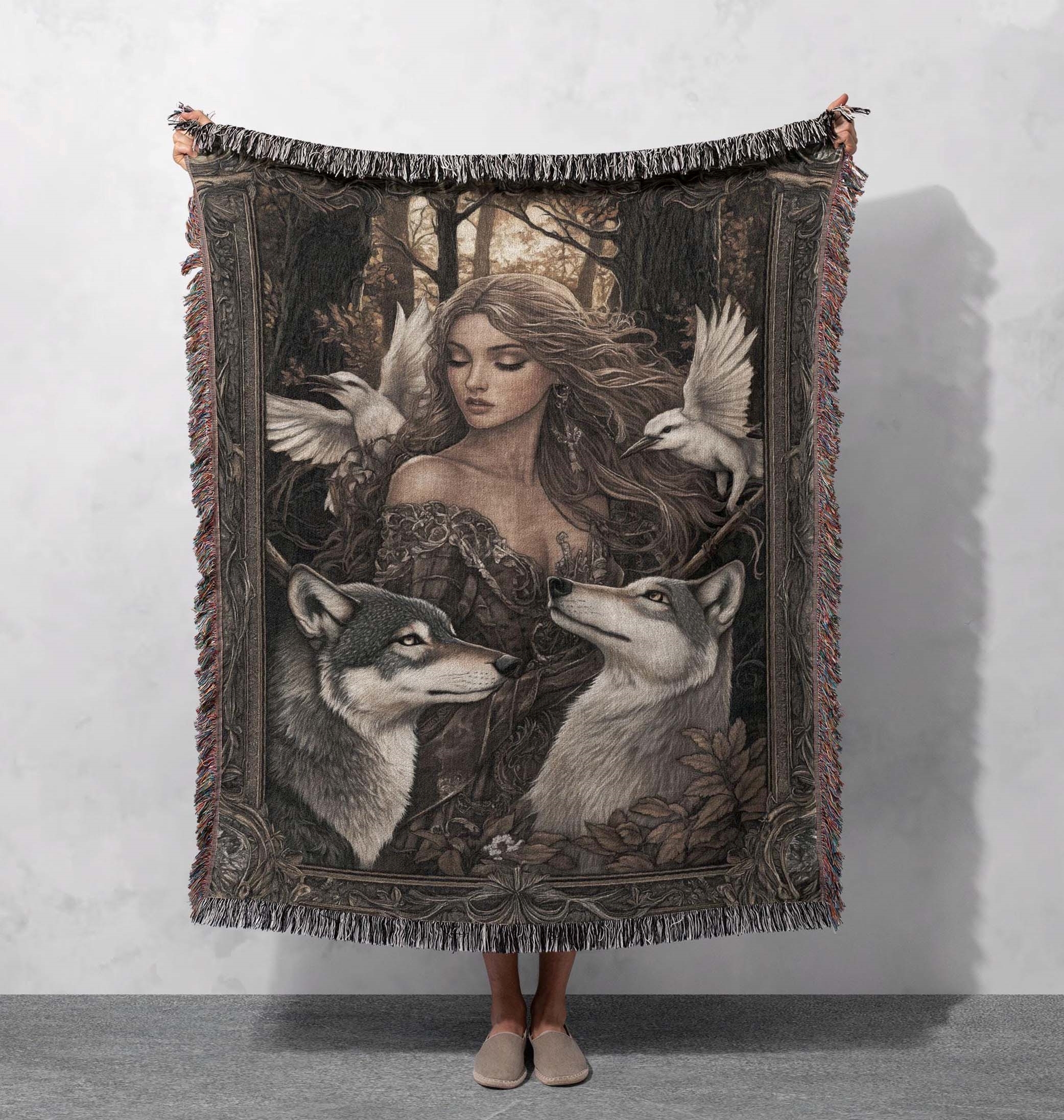 enchanted forest woven blanket wolves and maiden art throw cottagecore tapestry