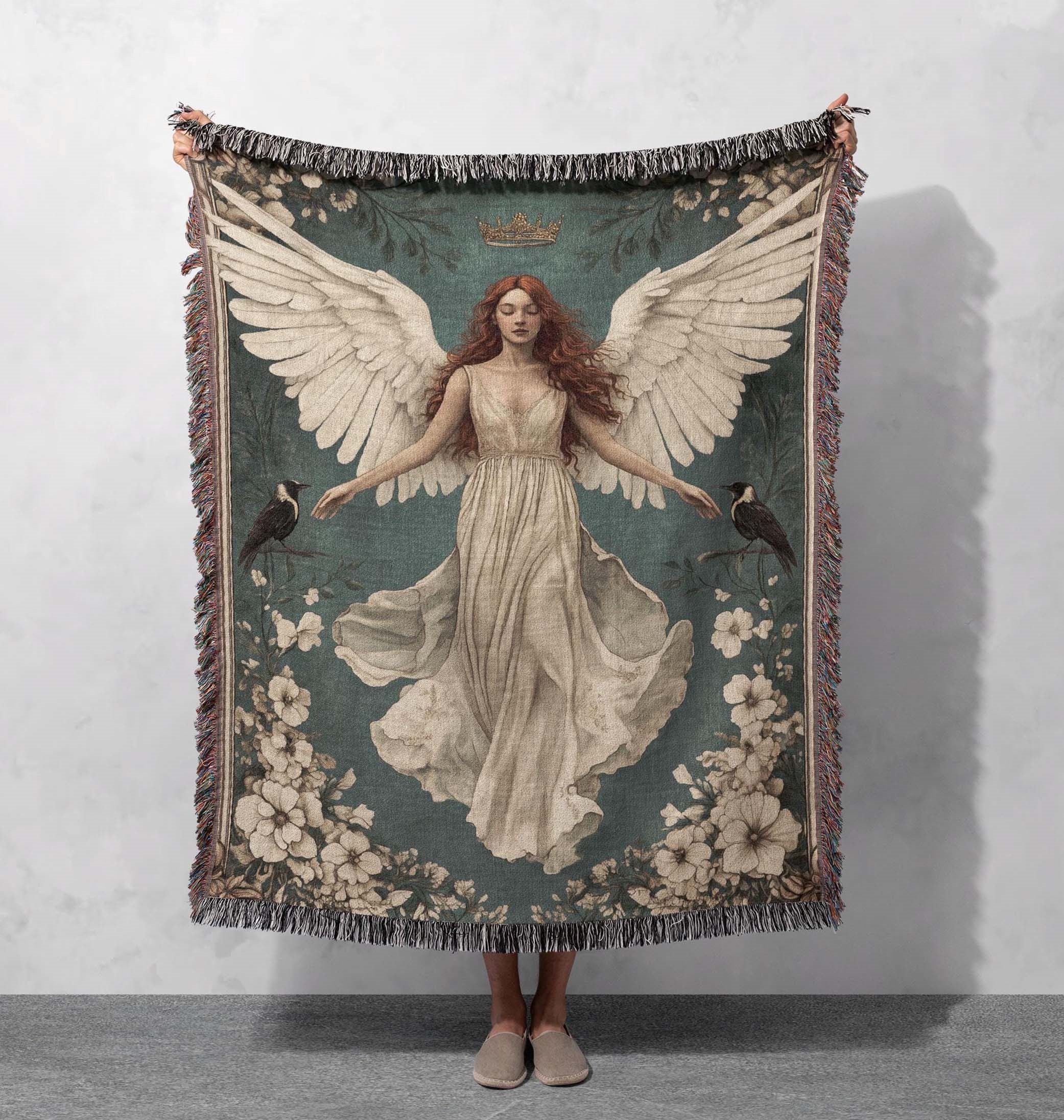 ethereal angel woven blanket celestial goddess throw vintage boho tapestry divine feminine decor