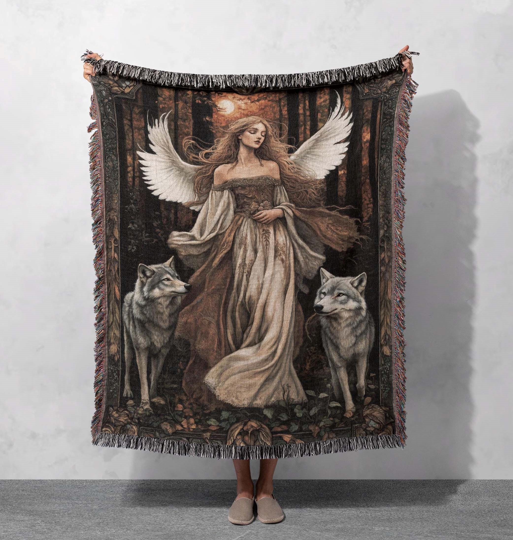 guardian angel woven blanket wolves and angelic art throw cottagecore tapestry