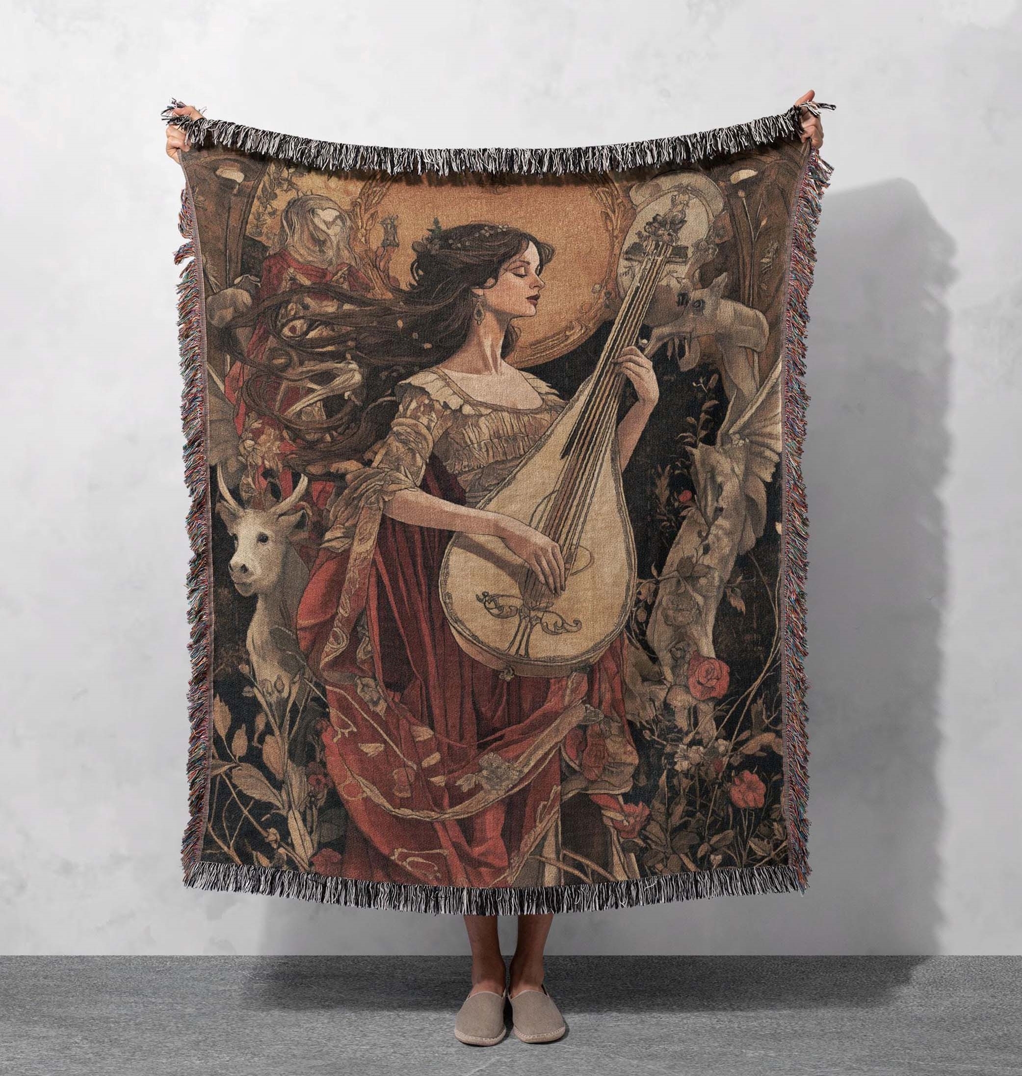 medieval melody woven blanket elegant maiden art throw cottagecore tapestry