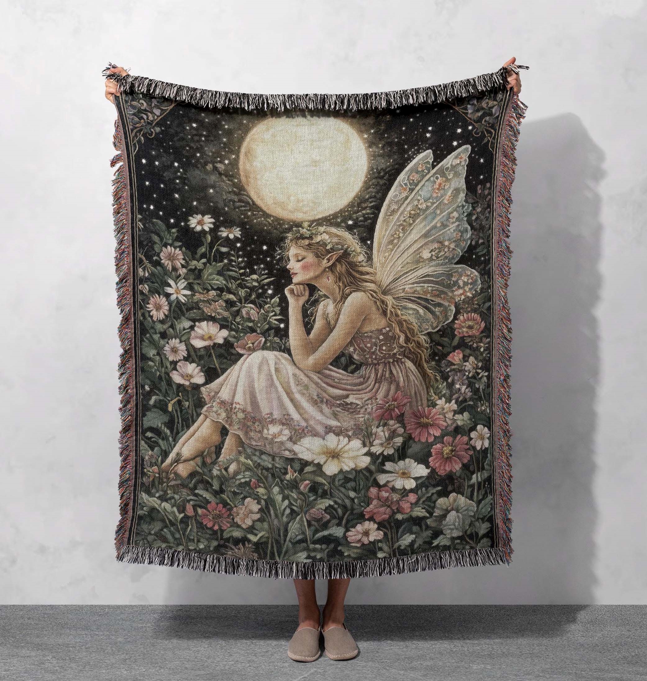 moonlit fairy woven blanket fantasy boho throw cottagecore tapestry whimsical home decor cozy fairy art blanket