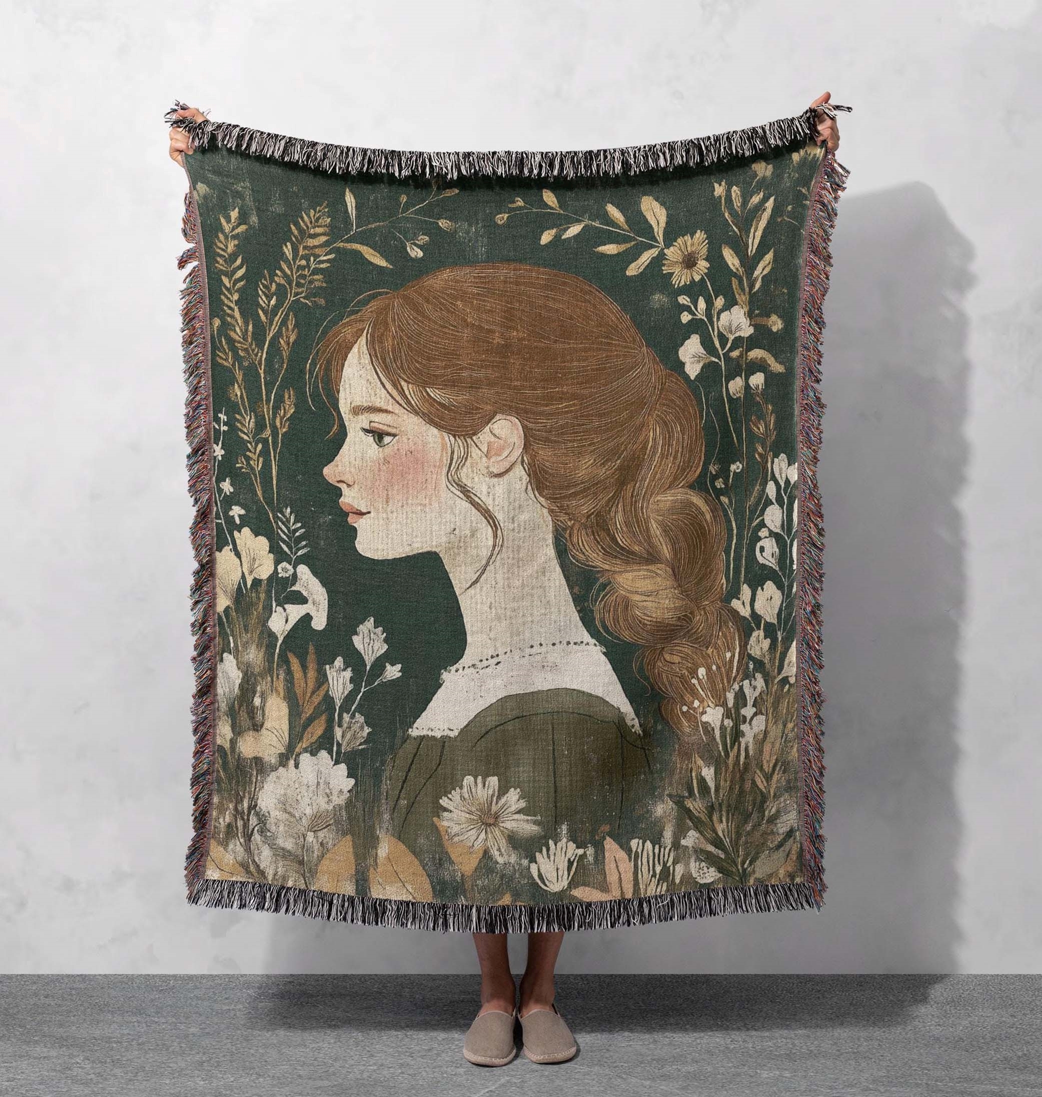vintage girl woven blanket cottagecore tapestry cozy home decor romantic art throw gift for mom whimsical cozy blanket